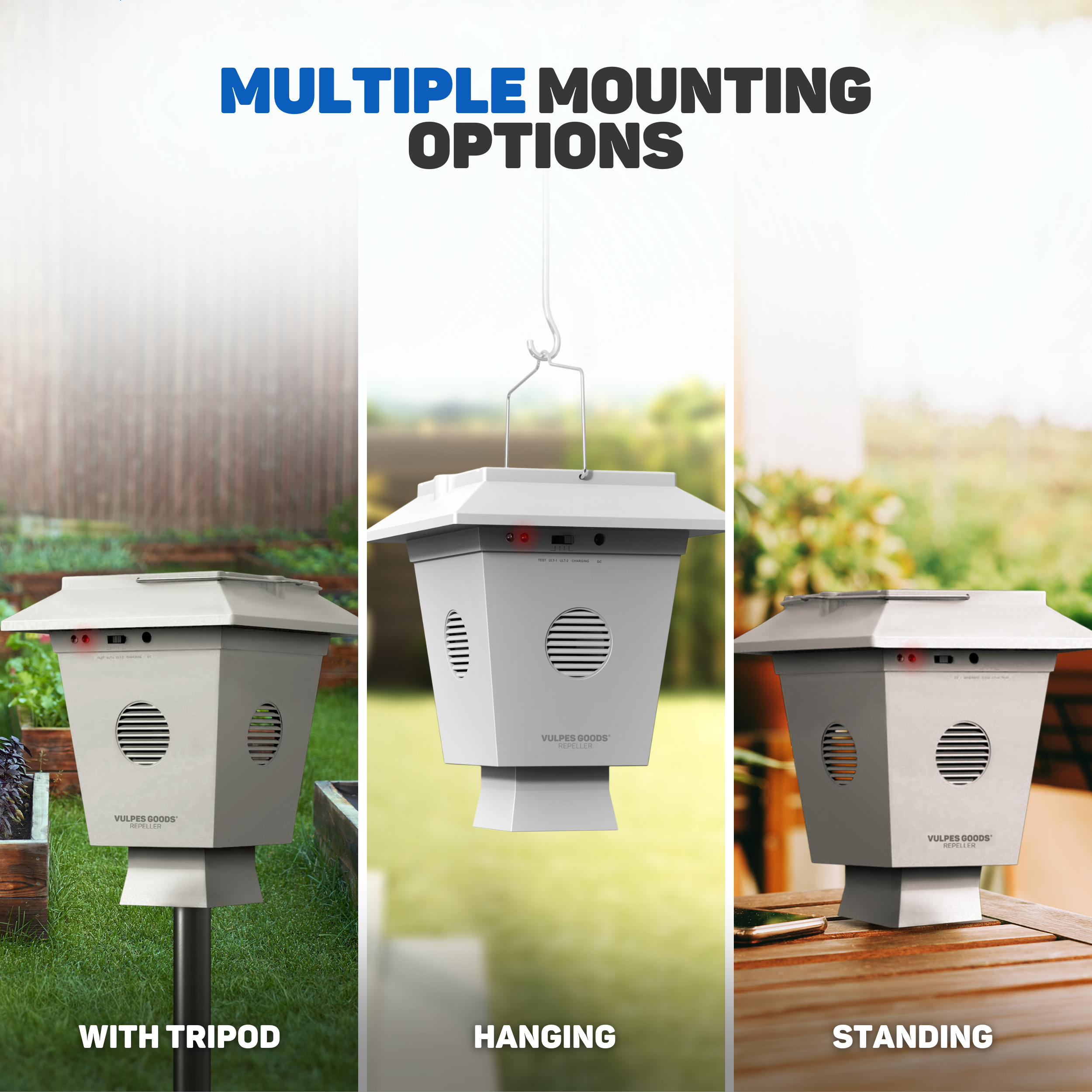 Image shows a gray bug repellent in three mounting positions: tripod, hanging, and standing on a table.