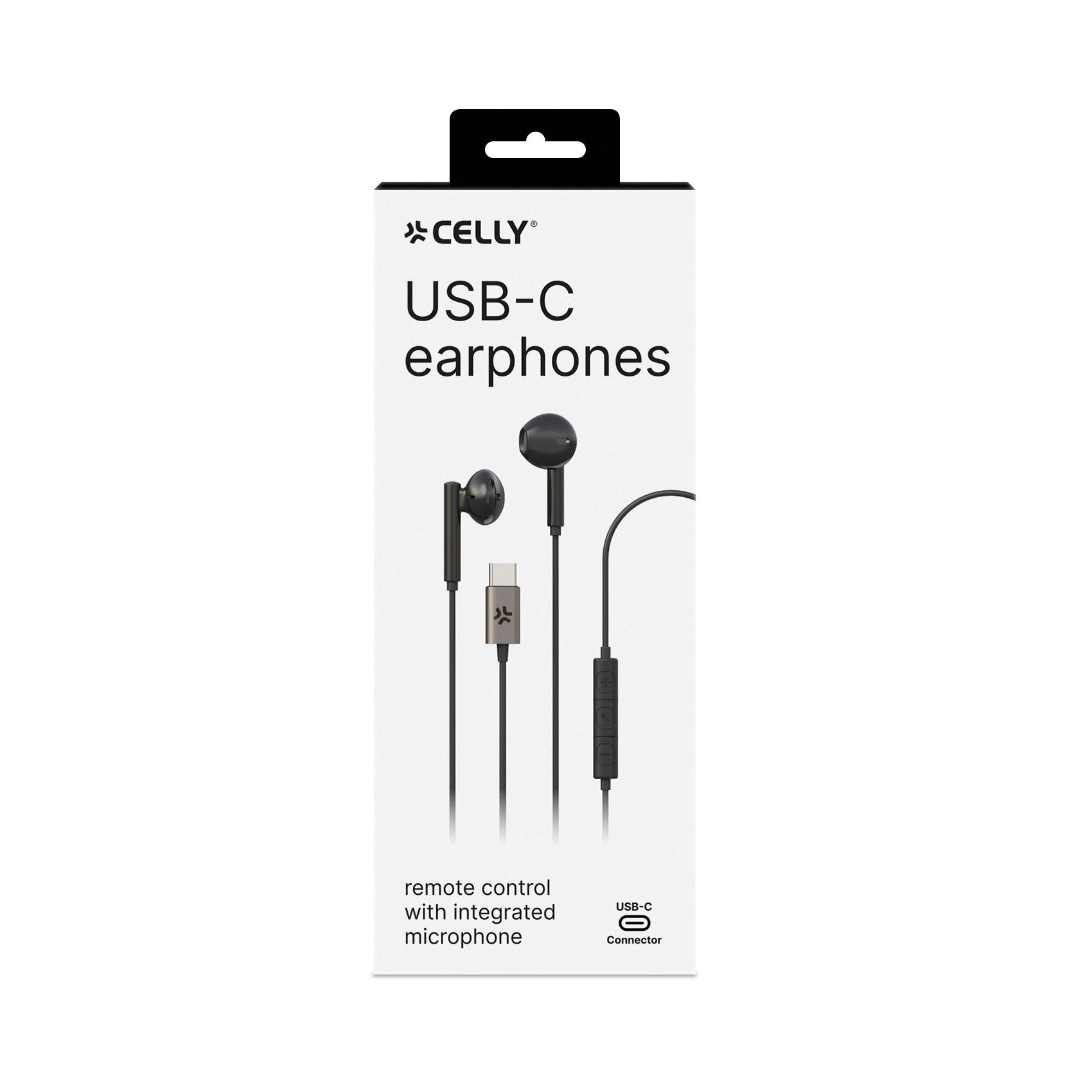 Scatola di auricolari Celly USB-C. Auricolari neri con telecomando e microfono. Sfondo bianco con info.