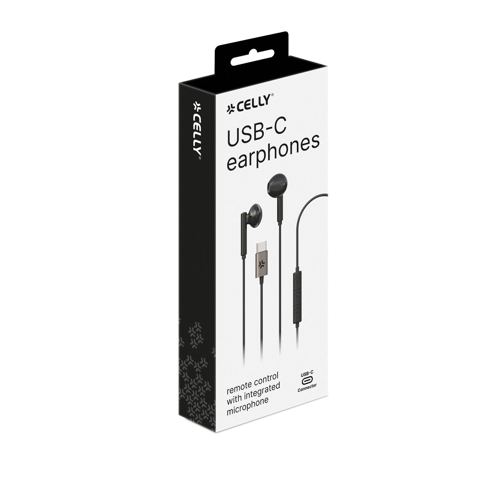 Scatola di auricolari USB-C Celly. Auricolari neri su sfondo bianco.
