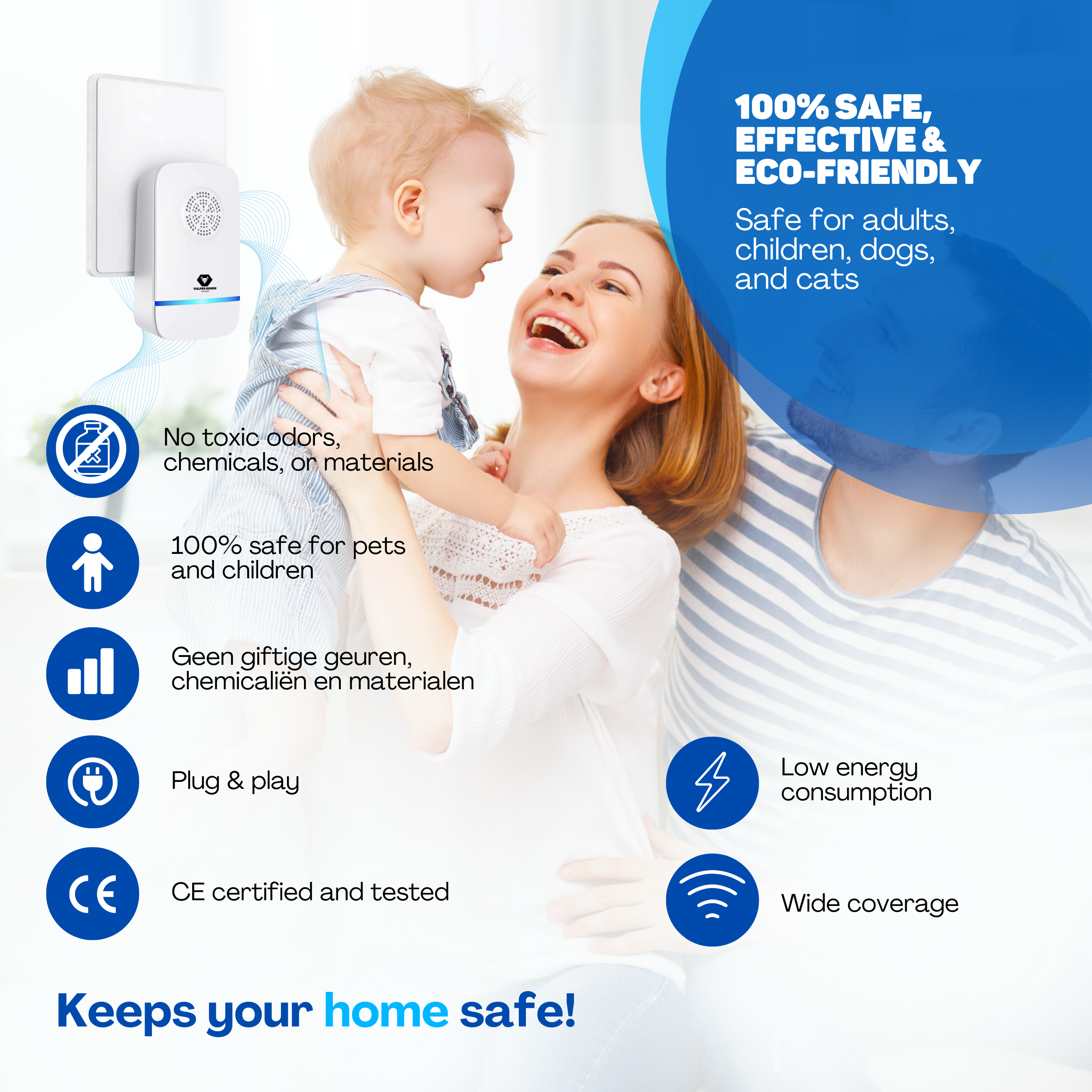 A woman holds a baby, smiling. A device and info icons are shown with text about safety.