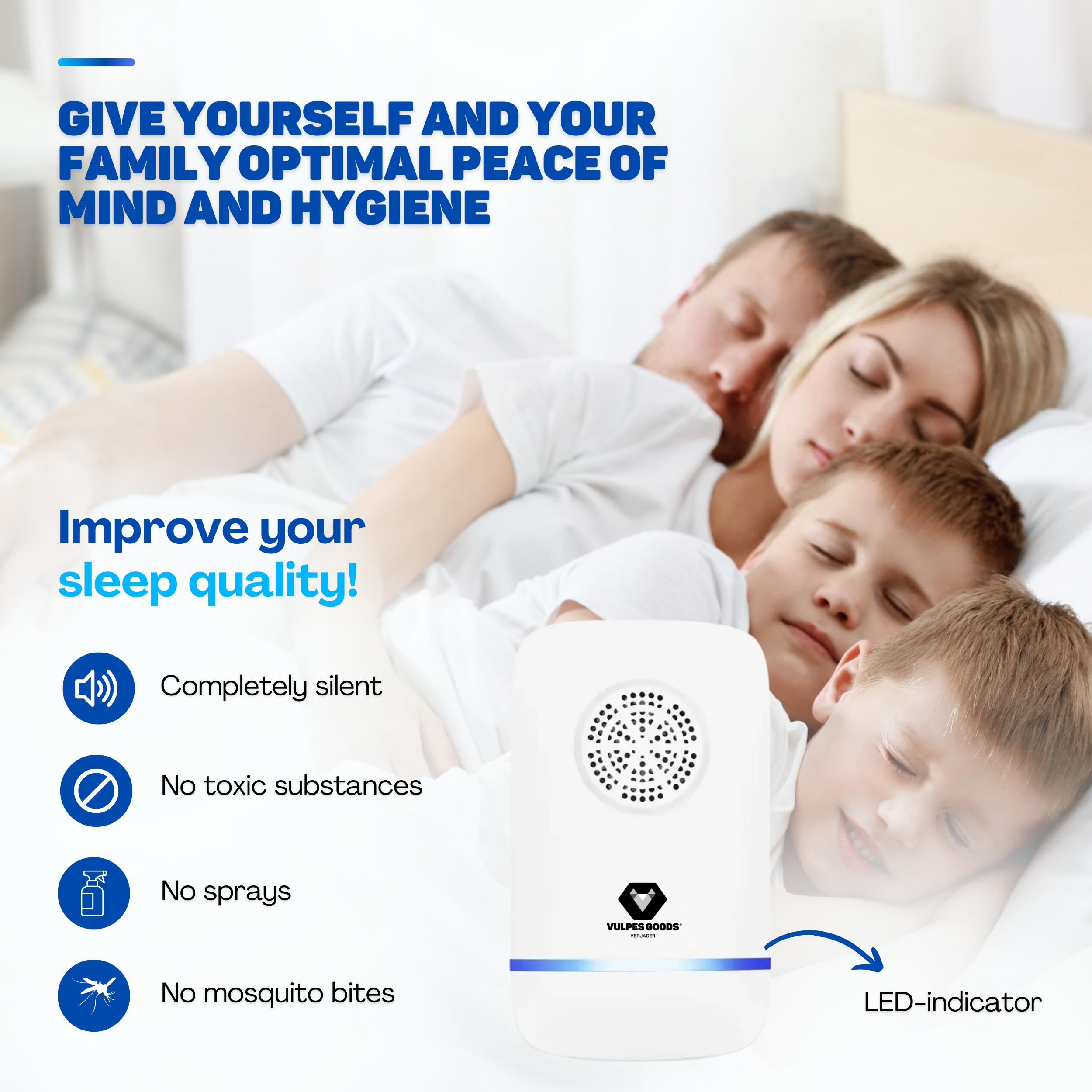 Image shows a family sleeping, with a white device in the foreground. Text promotes sleep quality and hygiene.