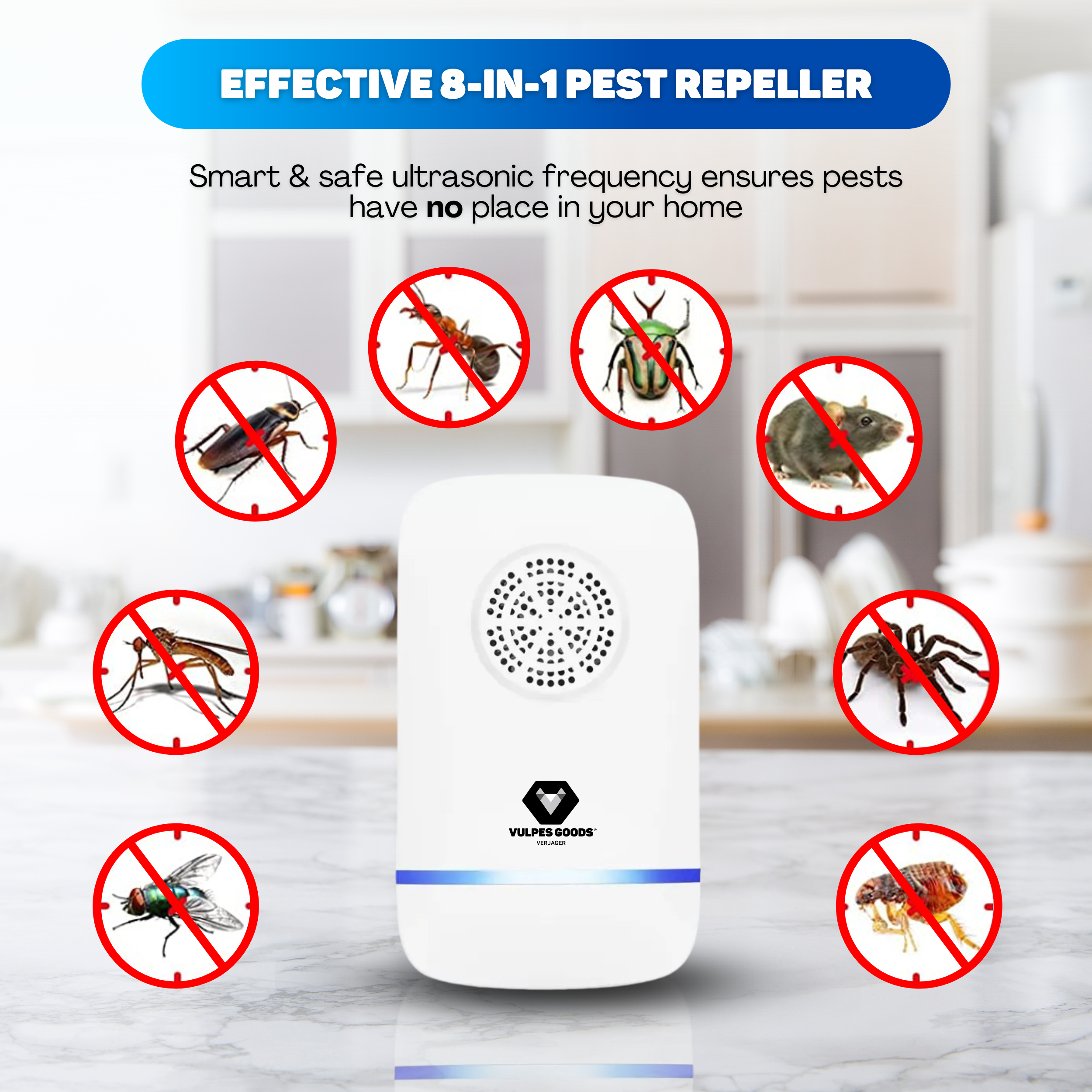 White pest repellent device with a blue light. Pests like cockroach, ant, beetle are crossed out in red circles.