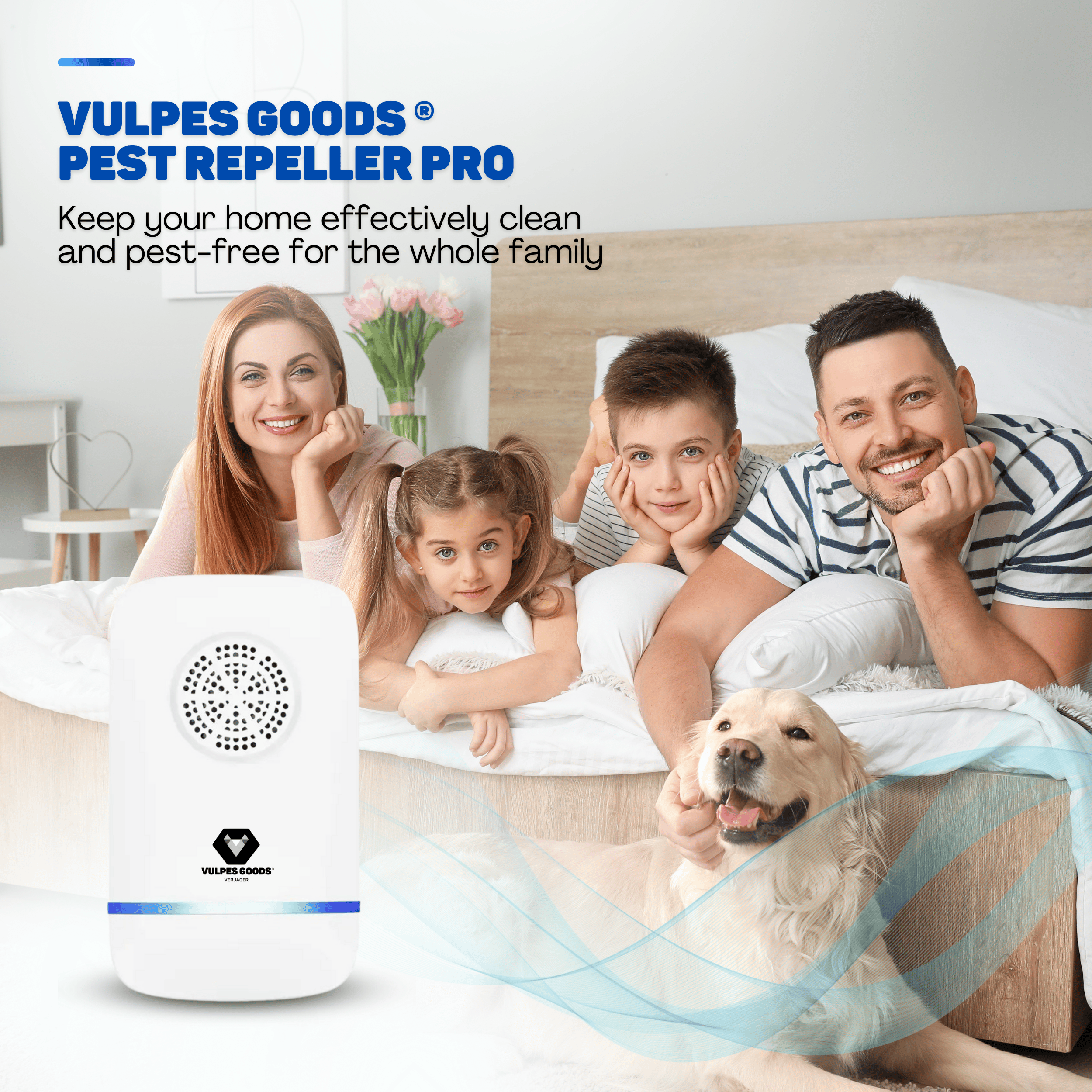 Family on bed with a dog and pest repeller. Product is white with a black logo, family is smiling.