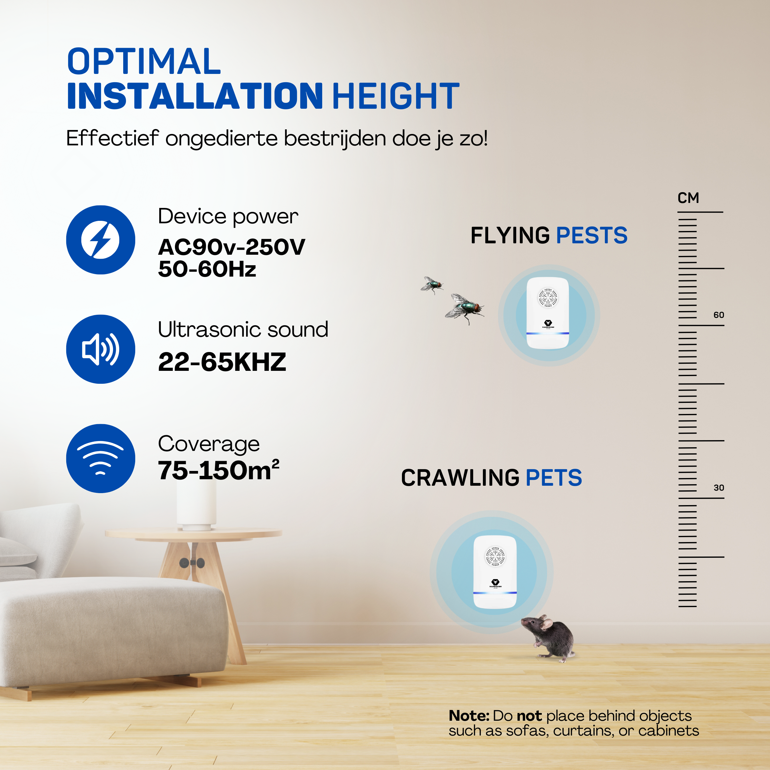 Image shows installation height of a pest control device. Includes details on power, sound, coverage, and placement.