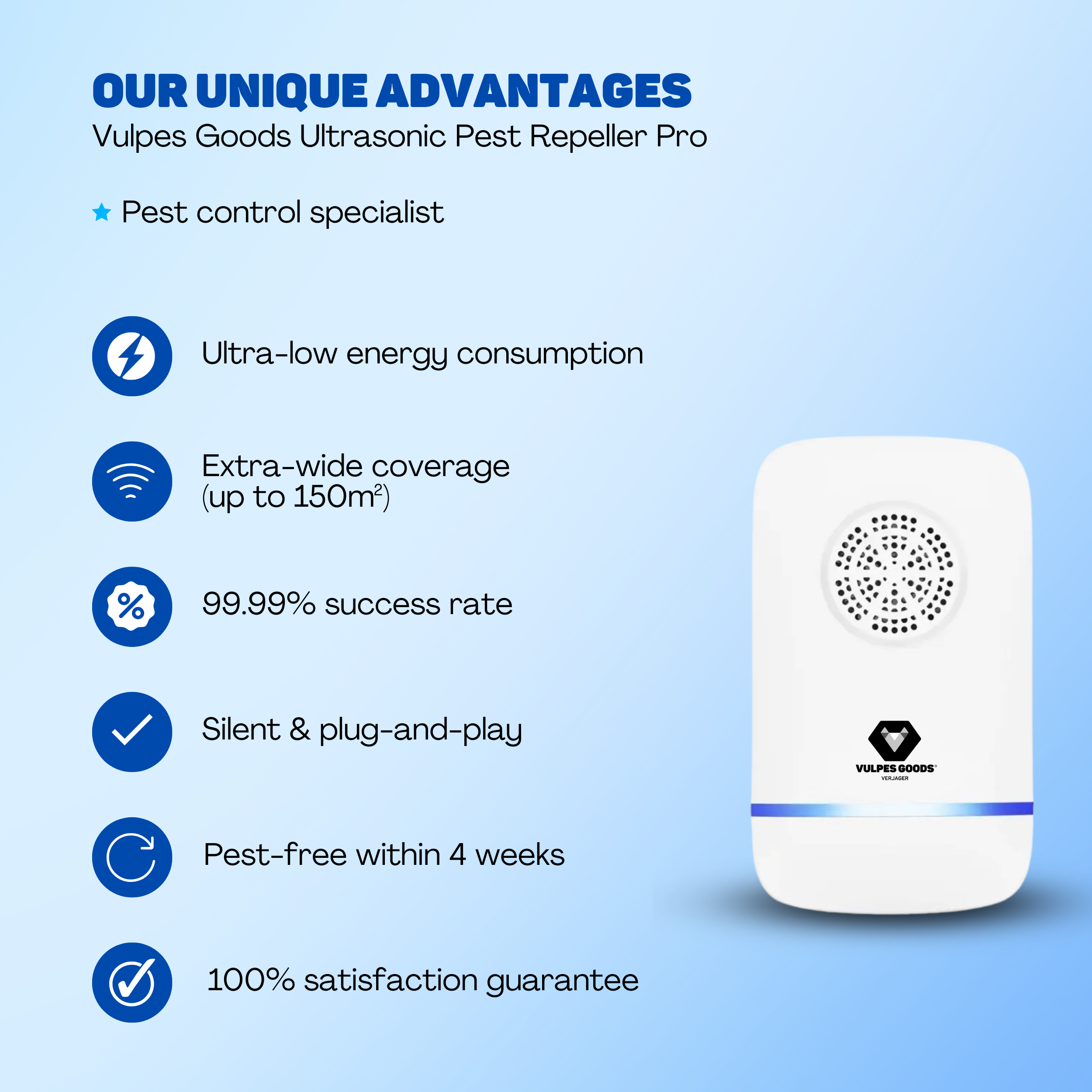 White pest repeller with blue icons and text on a light blue gradient background, advertising its advantages.