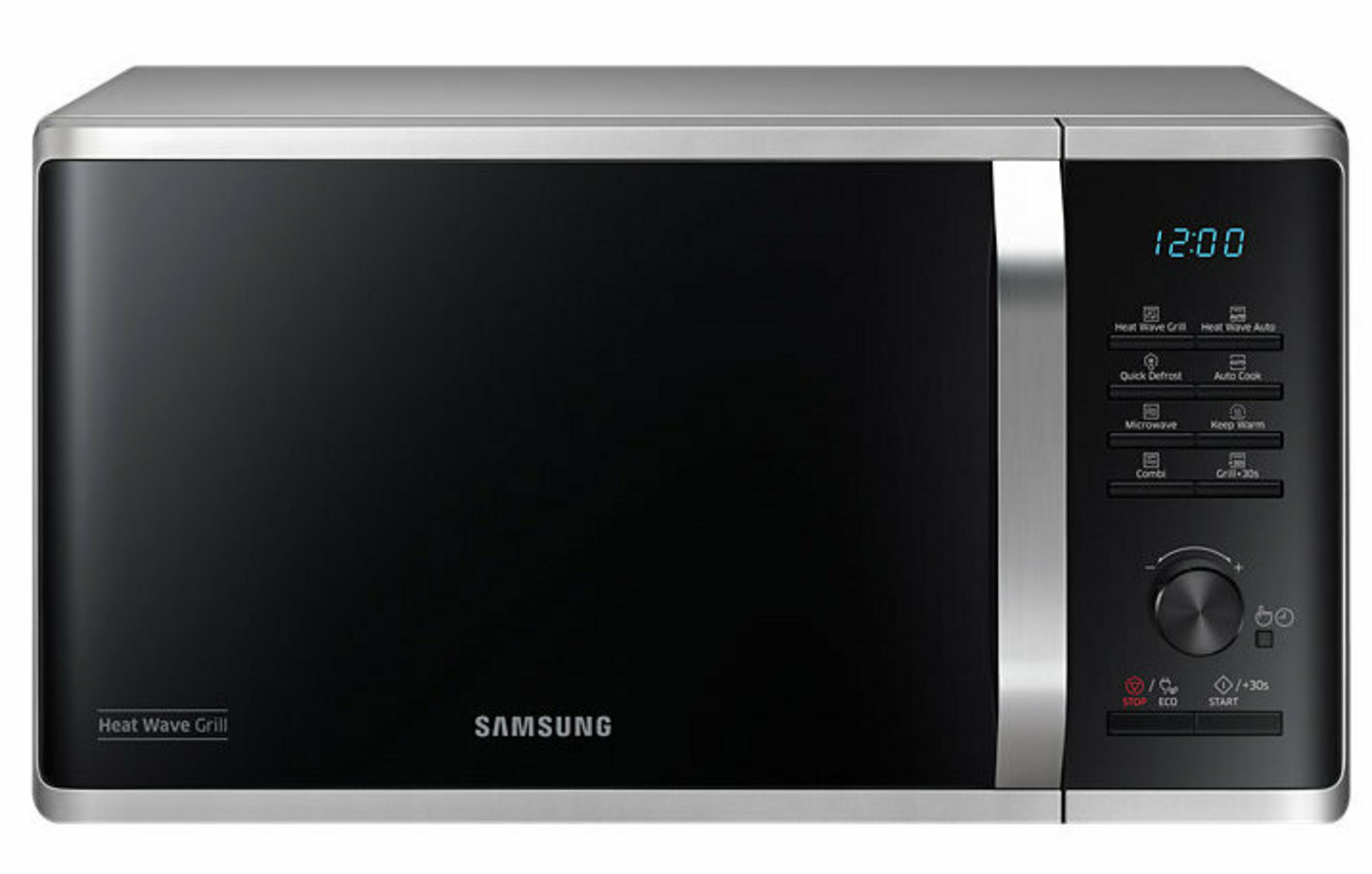 Un forno a microonde Samsung con porta nera e finiture argentate. Ha un orologio digitale e pulsanti di controllo a destra.