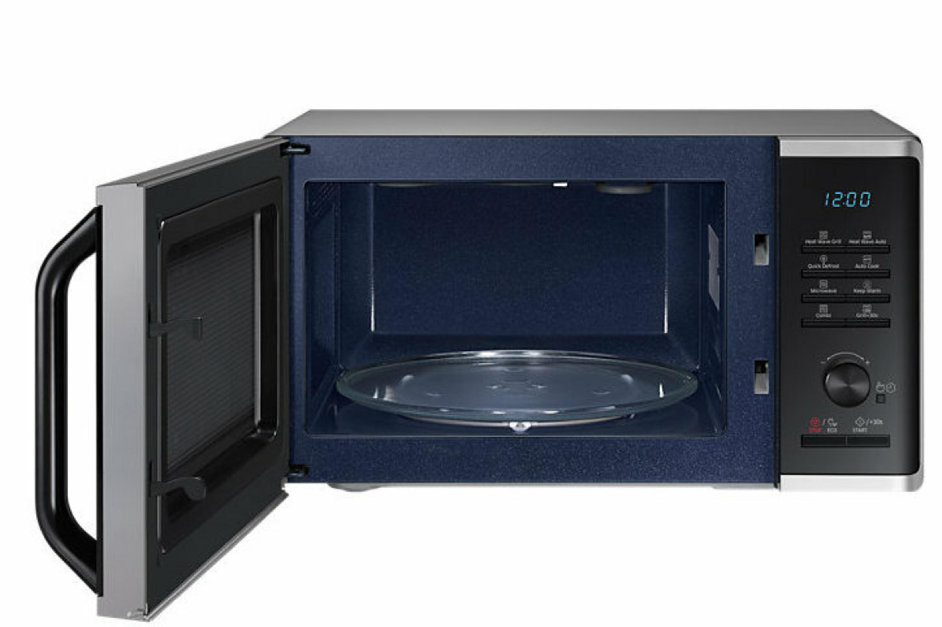 Un microonde con la porta aperta, che mostra un piatto di vetro all'interno. Il pannello di controllo è a destra.