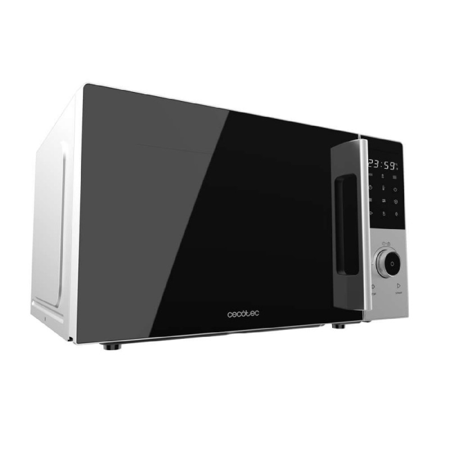 Un moderno horno de microondas. Tiene una puerta de vidrio negro y un panel de control con un reloj digital que muestra 23:59.