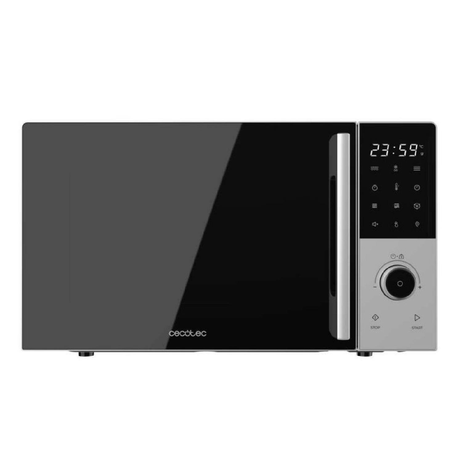 Un moderno horno microondas. Tiene una puerta negra, una pantalla digital que muestra 23:59 y botones de control.