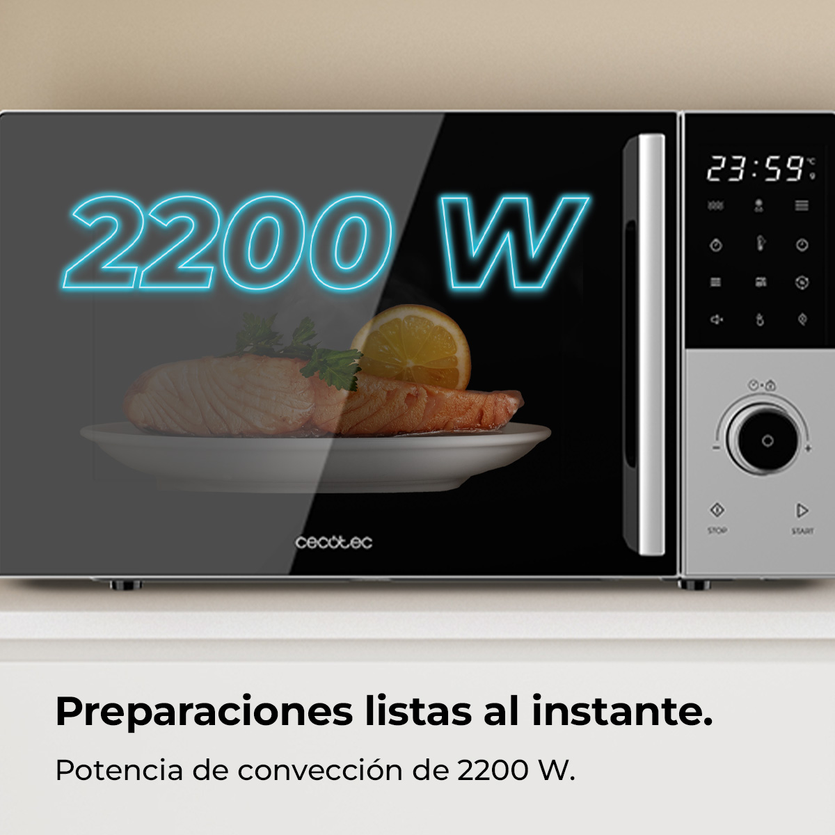 Un microondas muestra '2200 W'. Dentro, hay comida. El lado derecho tiene un reloj digital y un panel de control.