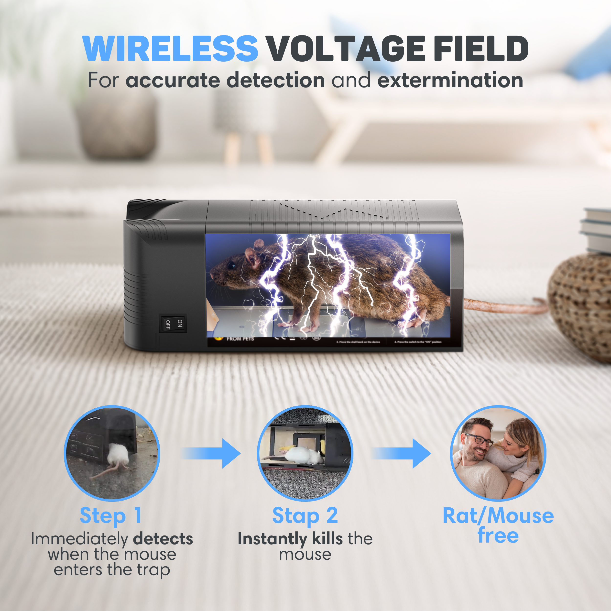 Black device with a rat graphic, lightning, and steps on how it works. A couple is in the final step.
