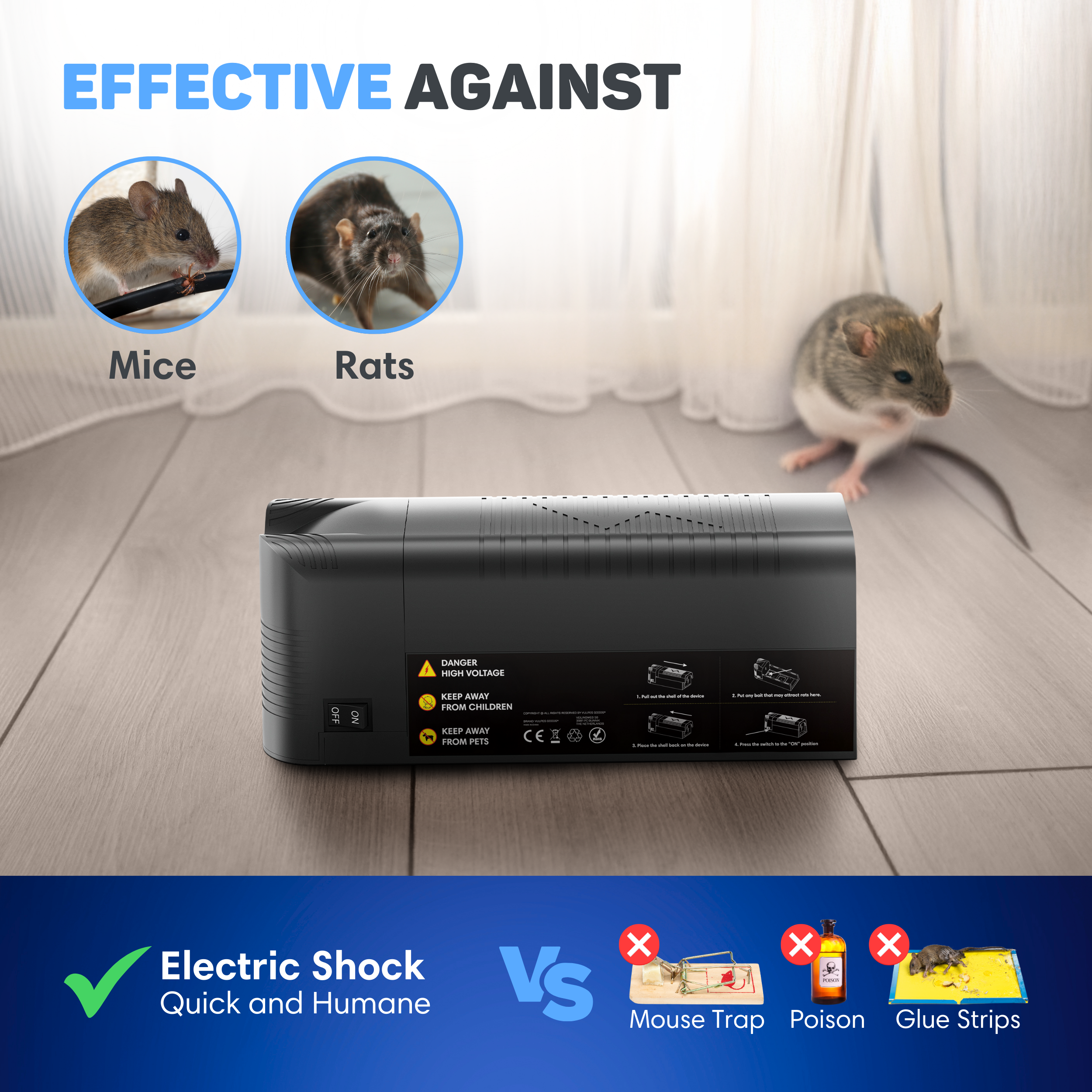 Image shows a black rat trap device. Text reads: Effective against mice and rats. It compares electric shock to mouse traps, poison, and glue strips.