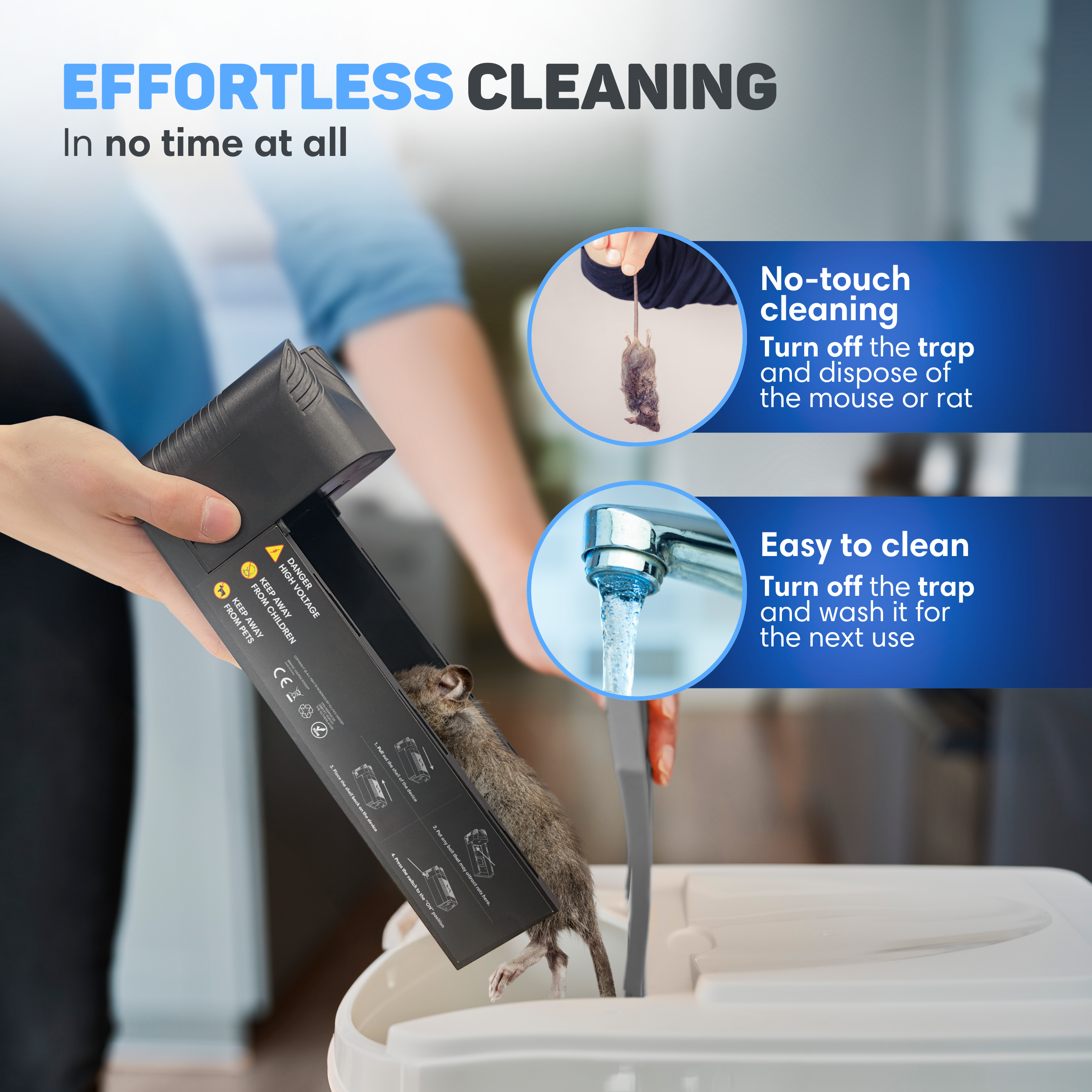 A person holds a black trap with a dead rat above a bin. Text: Effortless Cleaning.
