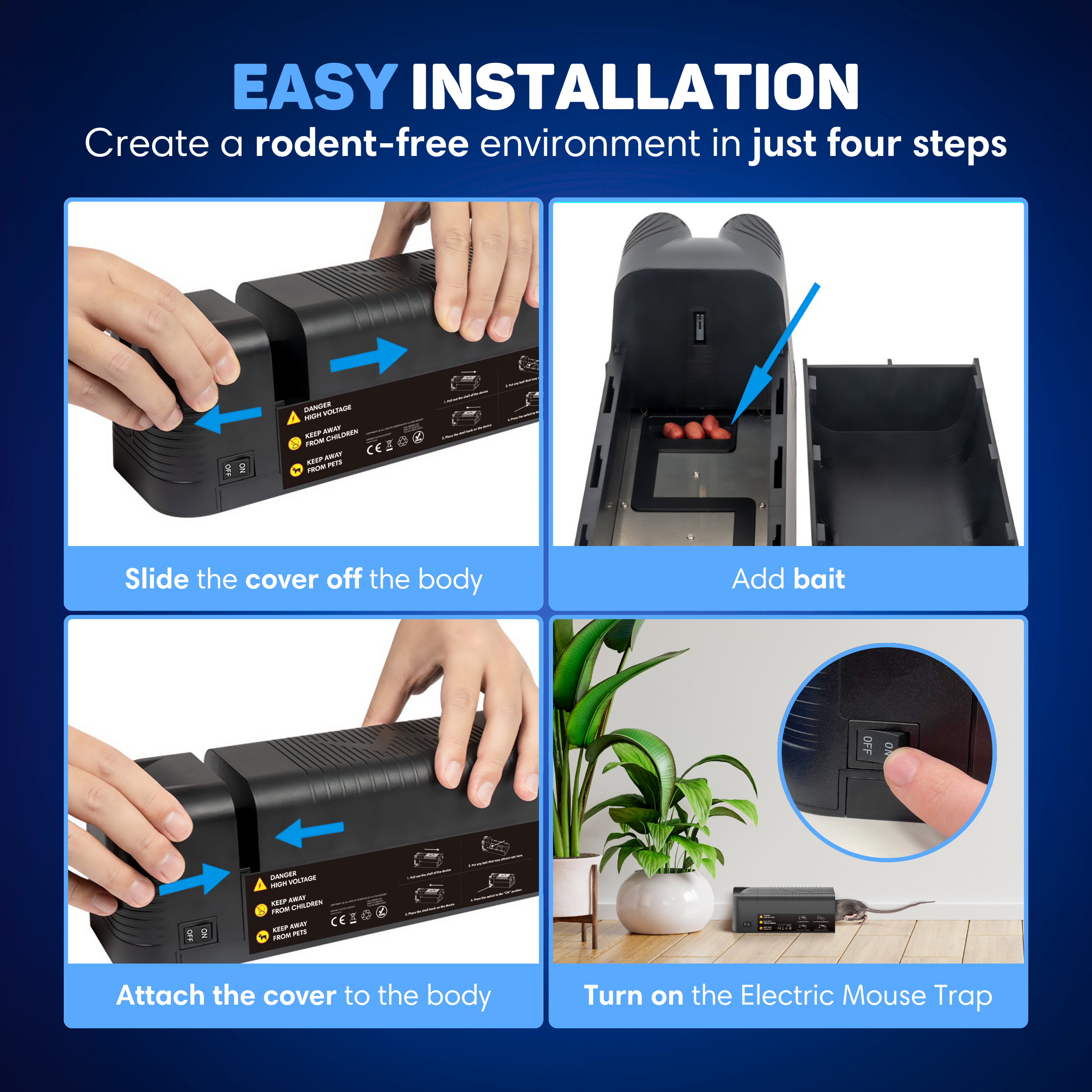 Four-step guide for an electric mouse trap: sliding cover, adding bait, attaching cover, and turning it on.