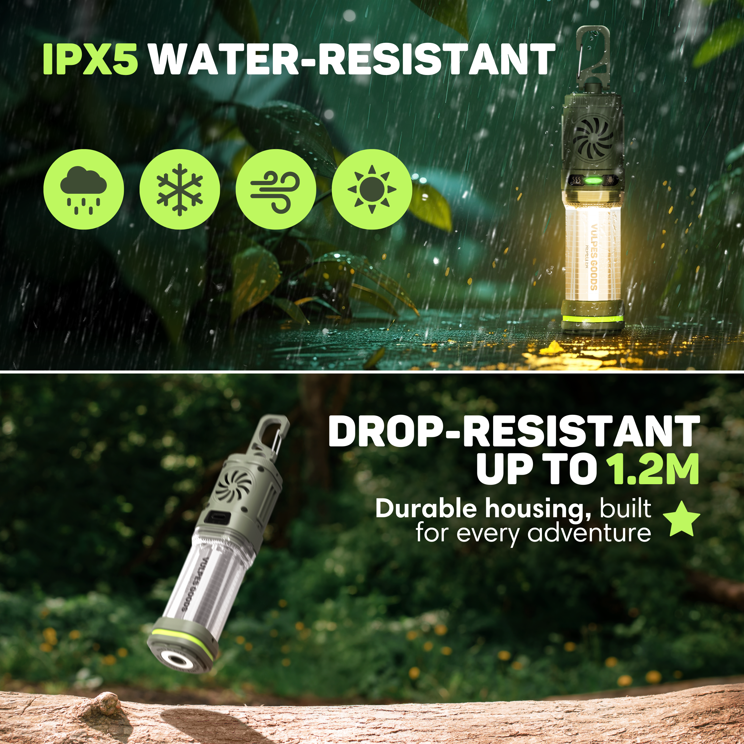 Produktaufnahme eines wasserfesten Geräts im Regen. Text lautet 'IPX5 WASSERDICHT' und 'STURZFEST BIS ZU 1,2M'.