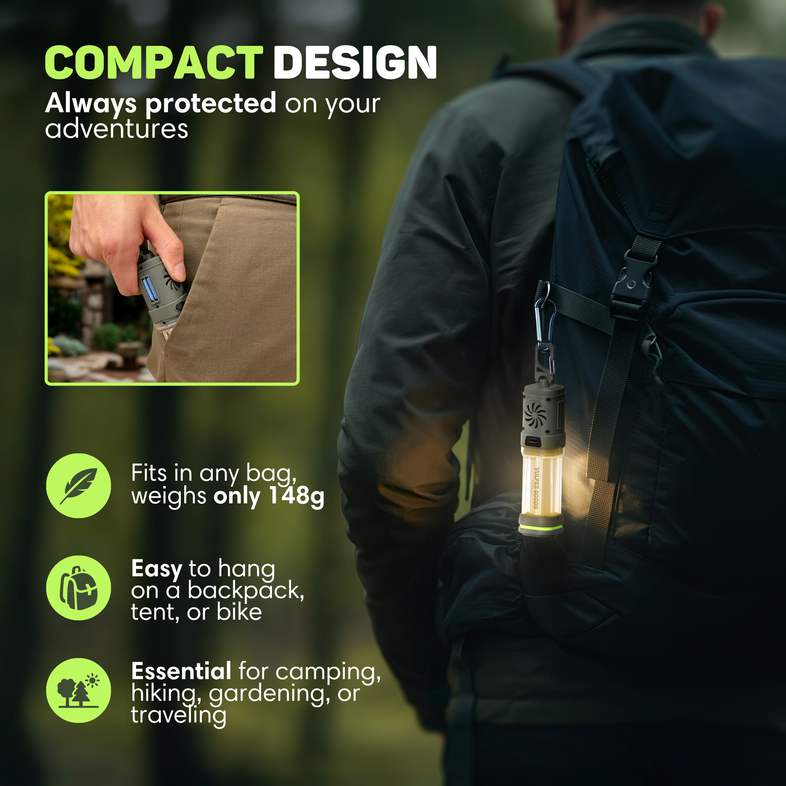 Eine Person mit Rucksack. Eine kleine Campinglaterne hängt daran. Der Text besagt, dass sie kompakt ist und in eine Tasche passt.