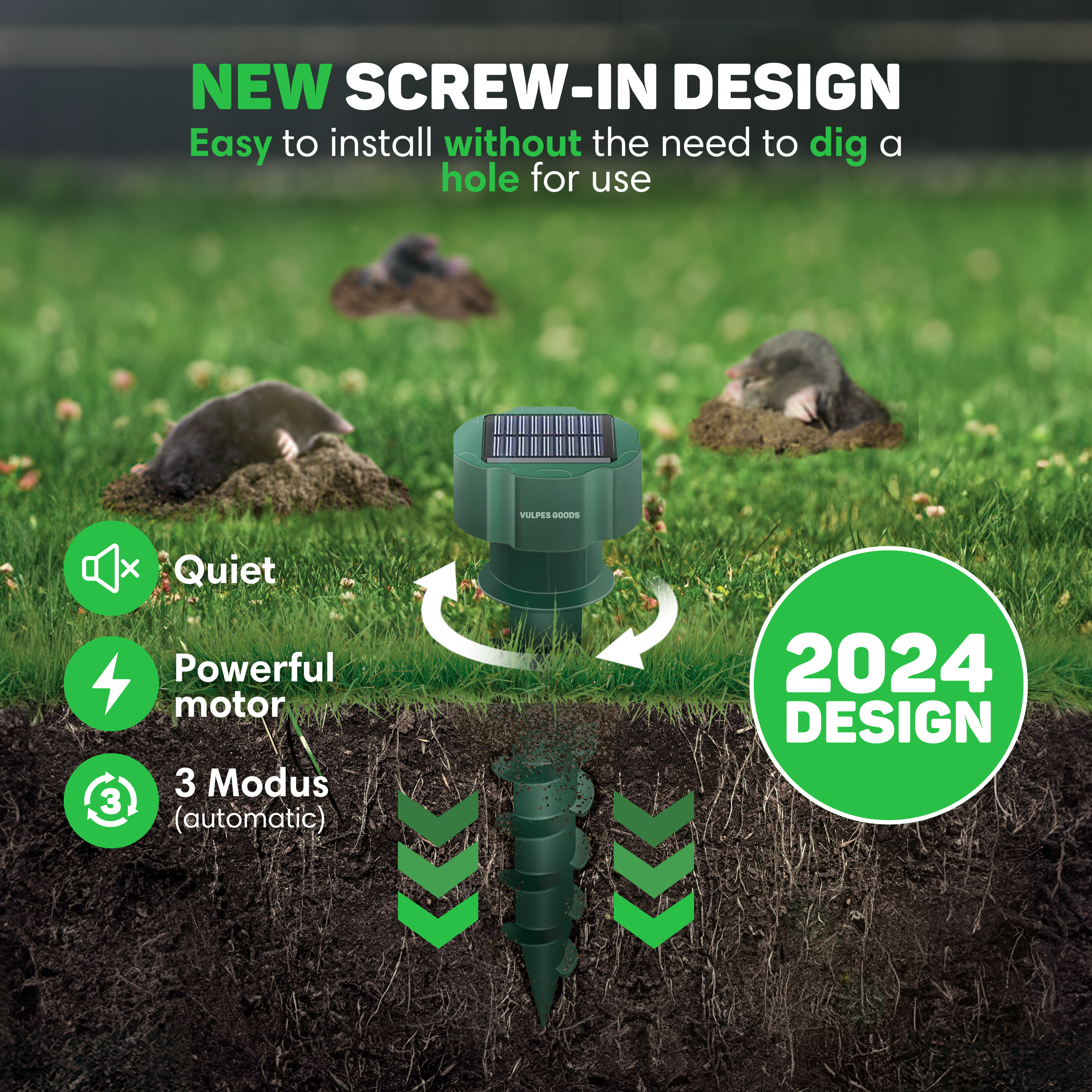Grünes Maulwurf-Abwehrgerät im Gras. Text: Neues Schraubdesign, einfach zu installieren, leise, starker Motor, 2024-Design.
