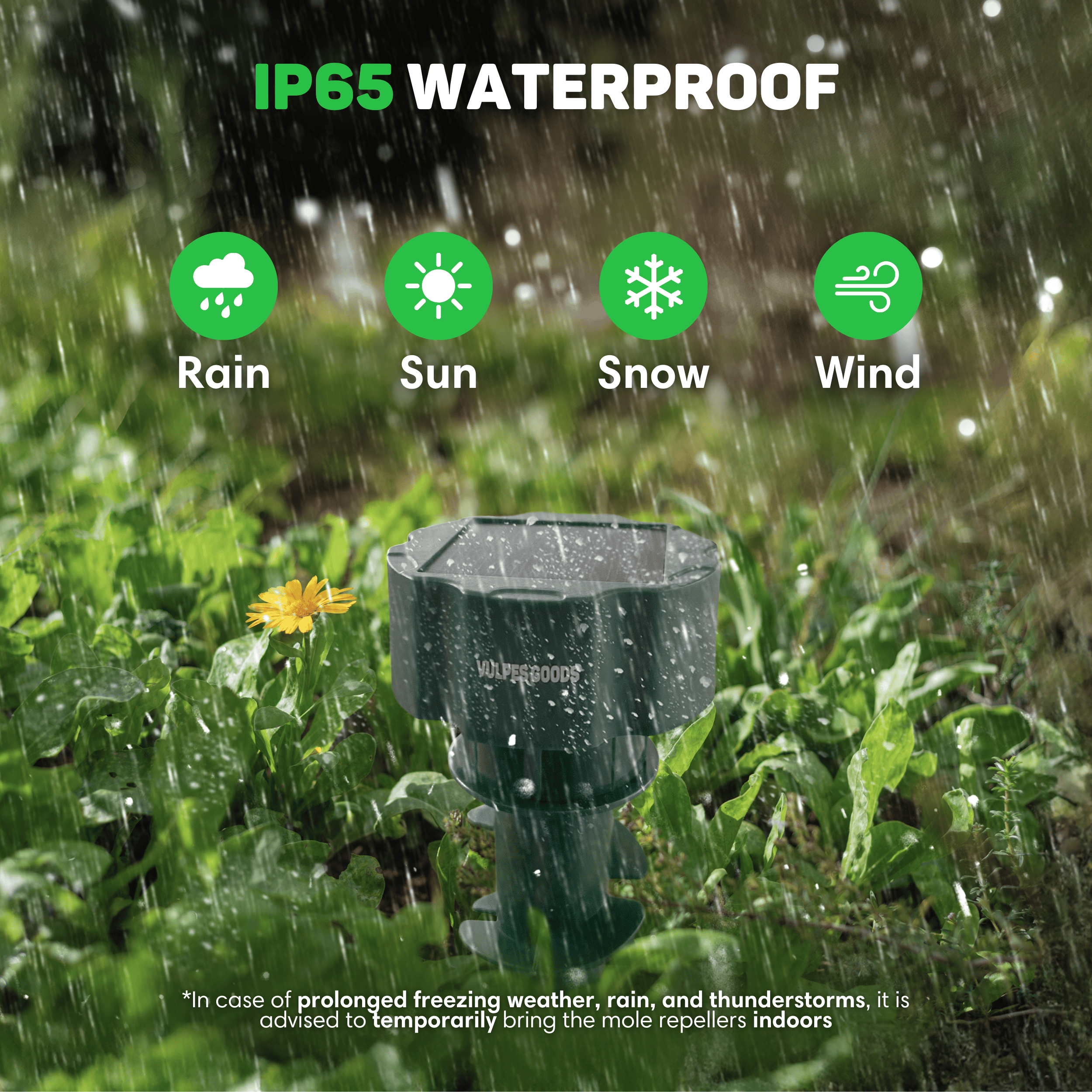 Ein Maulwurfschreck im Regen. Text zeigt, dass er wasserdicht ist. Symbole für Regen, Sonne, Schnee und Wind.