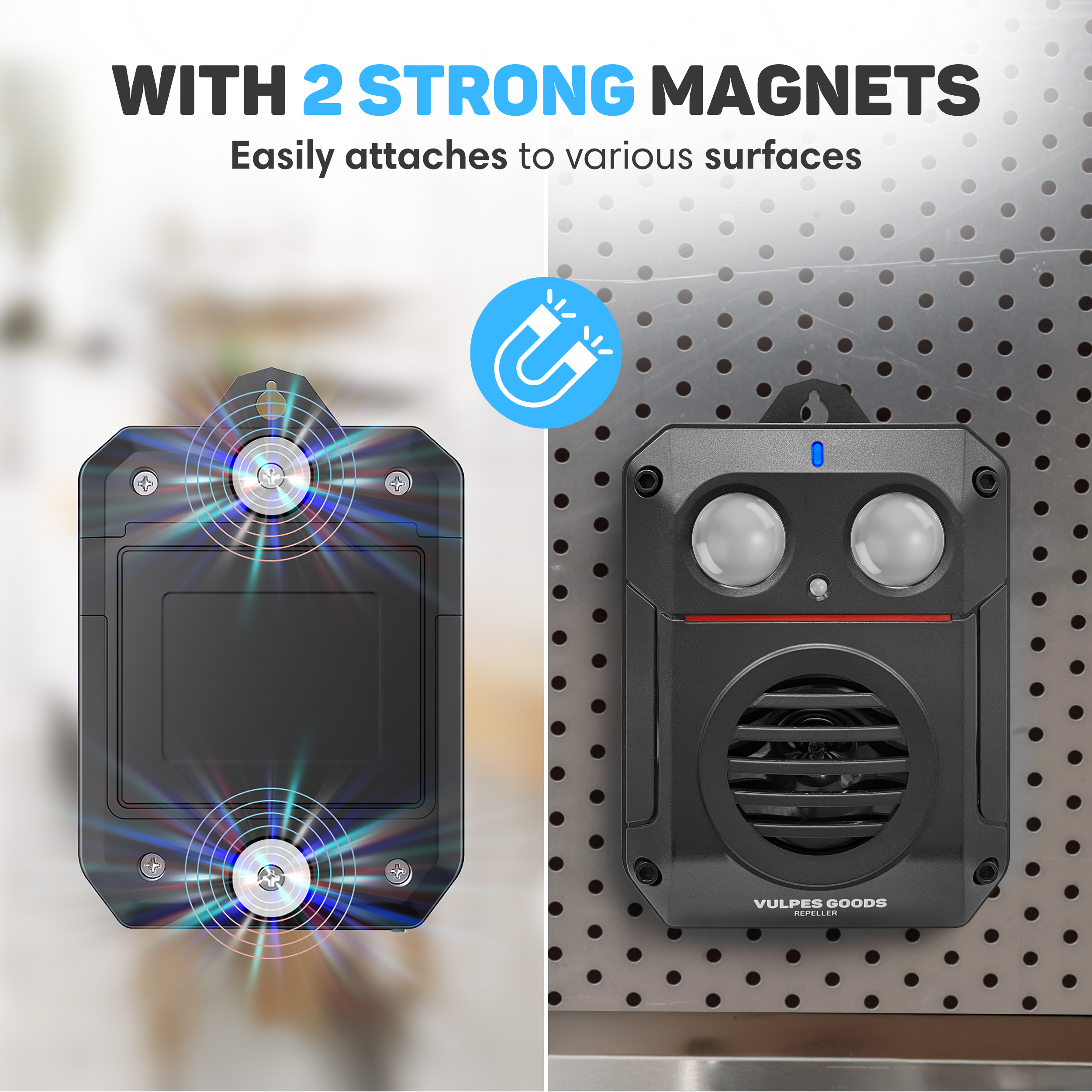 Zwei schwarze Schädlingsbekämpfungsmittel mit Magneten. Eines befindet sich auf einer Metalloberfläche. Text: Mit 2 starken Magneten.