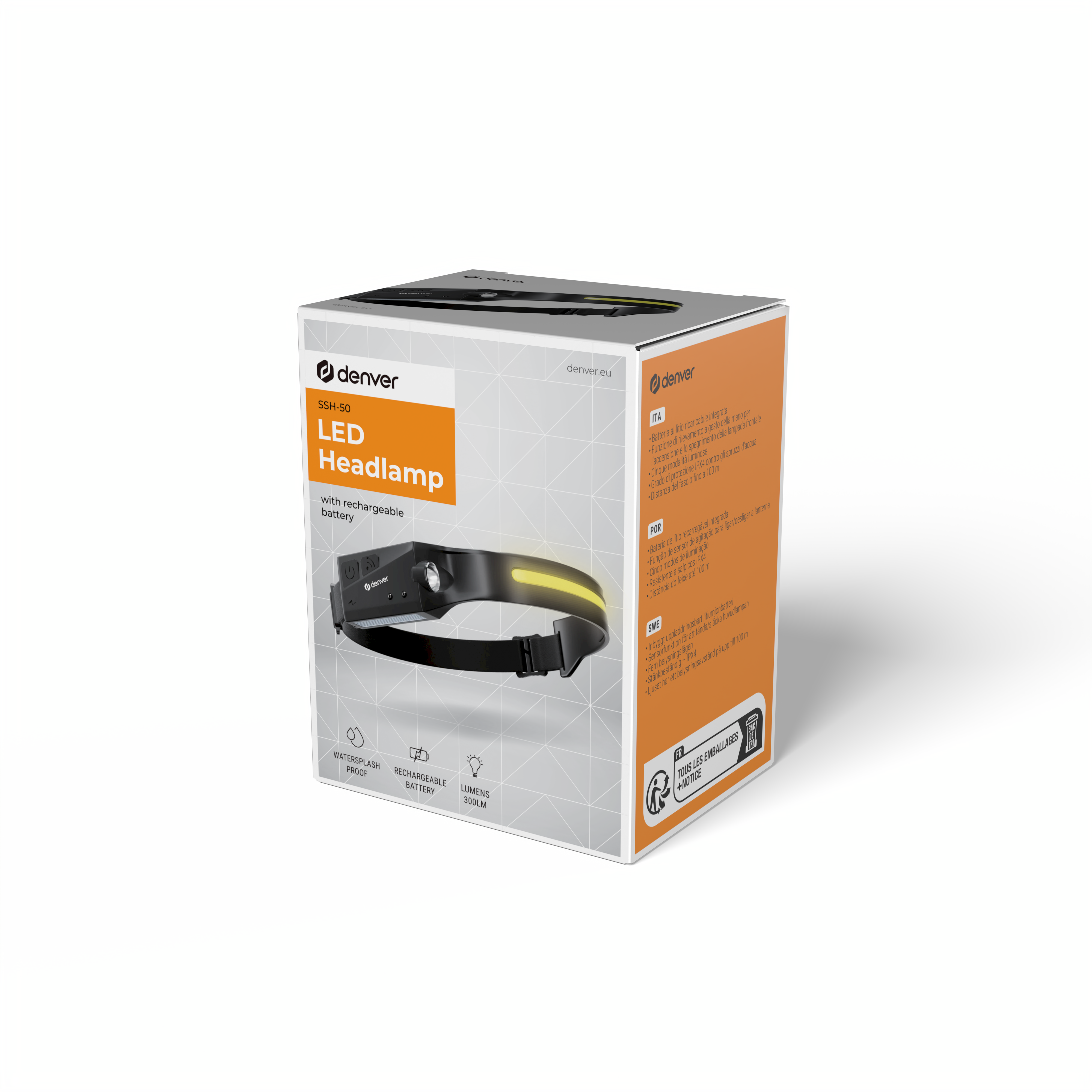 Boîte d'une lampe frontale LED Denver SSH-50, noire et jaune, avec spécifications et caractéristiques.