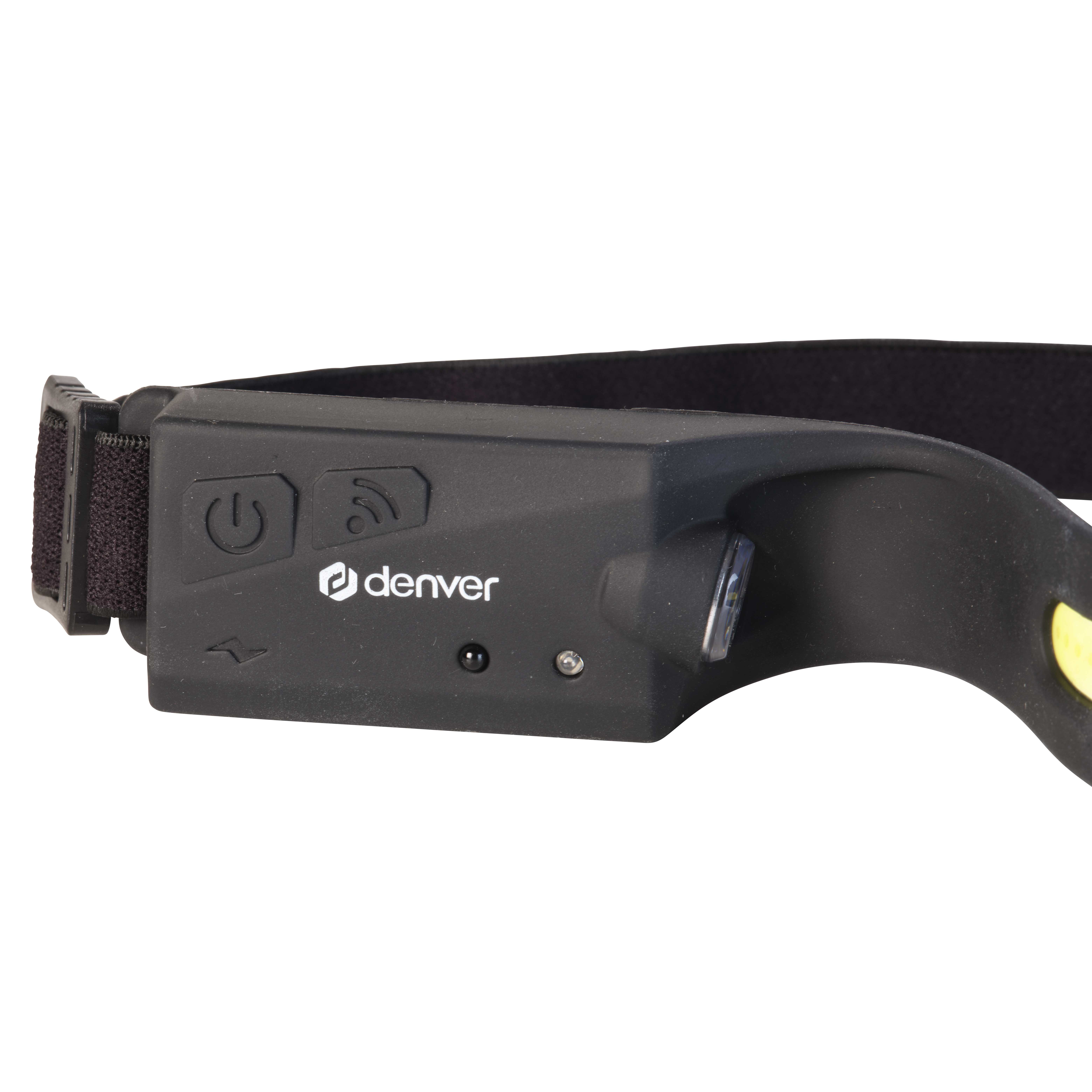 Une lampe frontale noire avec le logo Denver. Le bandeau est noir. Il a des symboles d'alimentation et de connectivité.