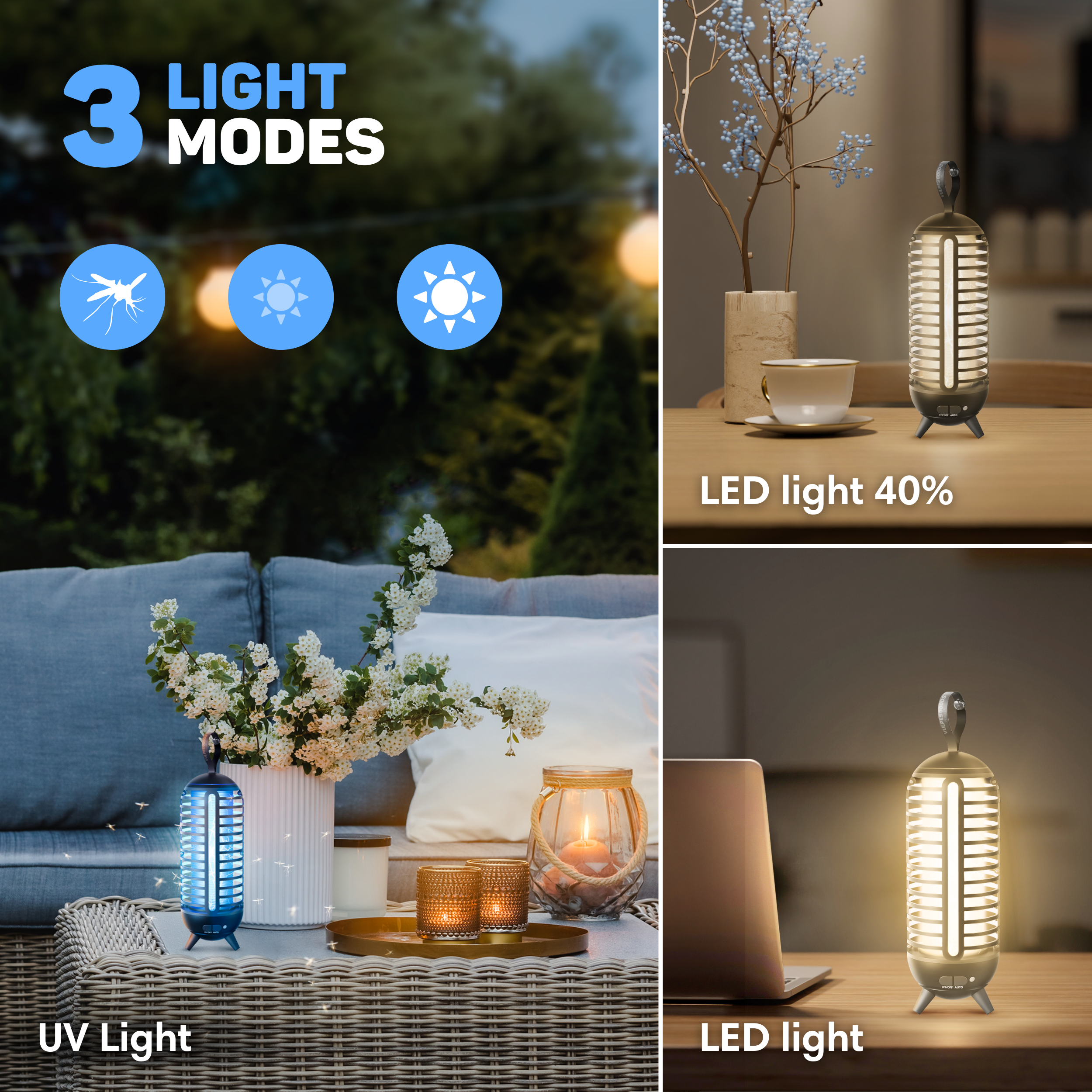 Das Bild zeigt ein Produkt mit 3 Lichtmodi: UV, LED-Licht und LED-Licht 40%. Verschiedene Einstellungen zeigen das Produkt in verschiedenen Umgebungen.
