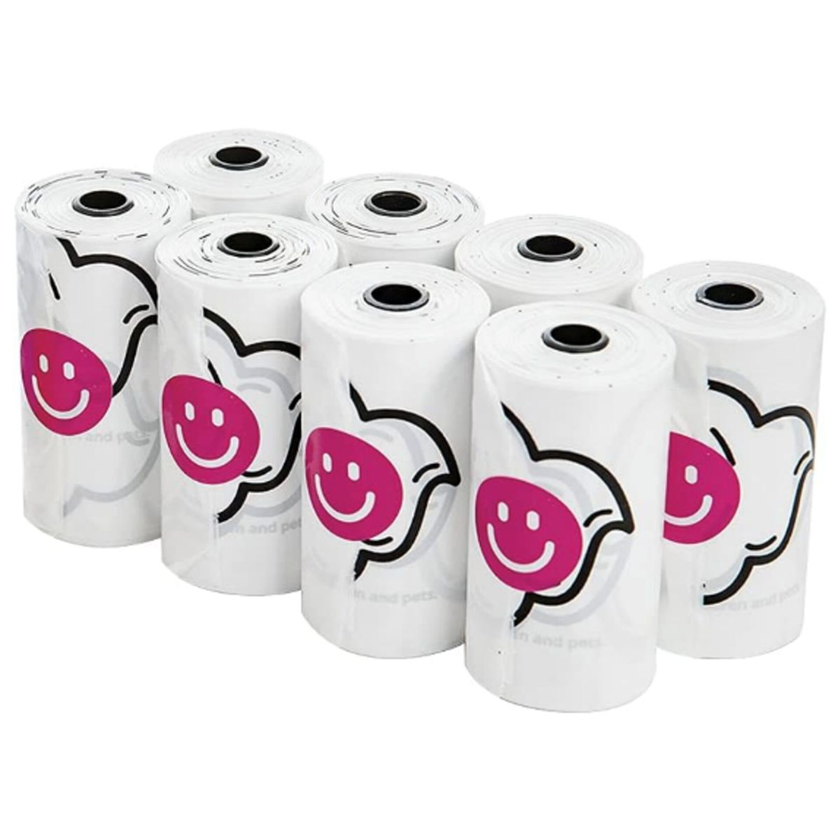 Nove rotoli di sacchetti bianchi per rifiuti di animali domestici con una faccina sorridente rosa e contorno nero. I sacchetti sono su sfondo bianco.