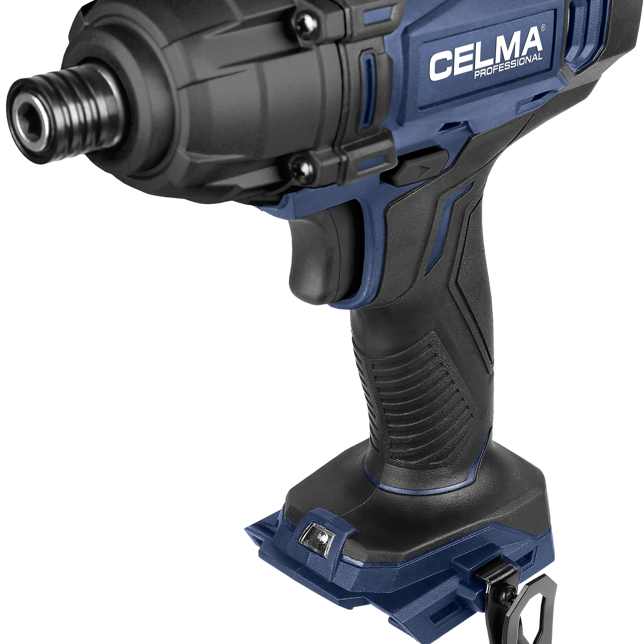 Niebiesko-czarny wkrętak udarowy bezprzewodowy. Marka to Celma Professional. Ma metalową głowicę wiertarską.