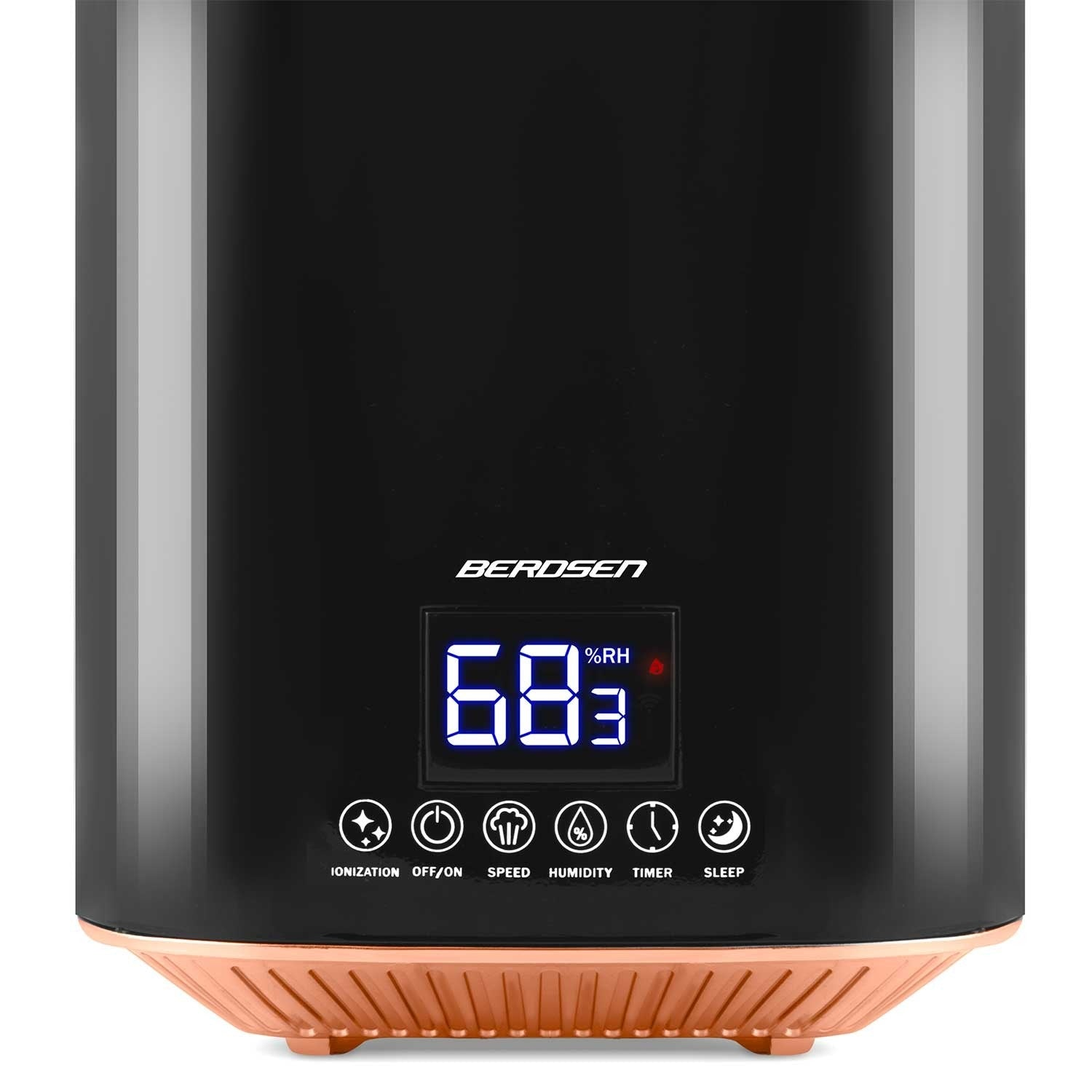 Humidificador negro con pantalla digital que muestra 68%HR. Tiene iconos de control y base color cobre. La marca es BEROSEN.