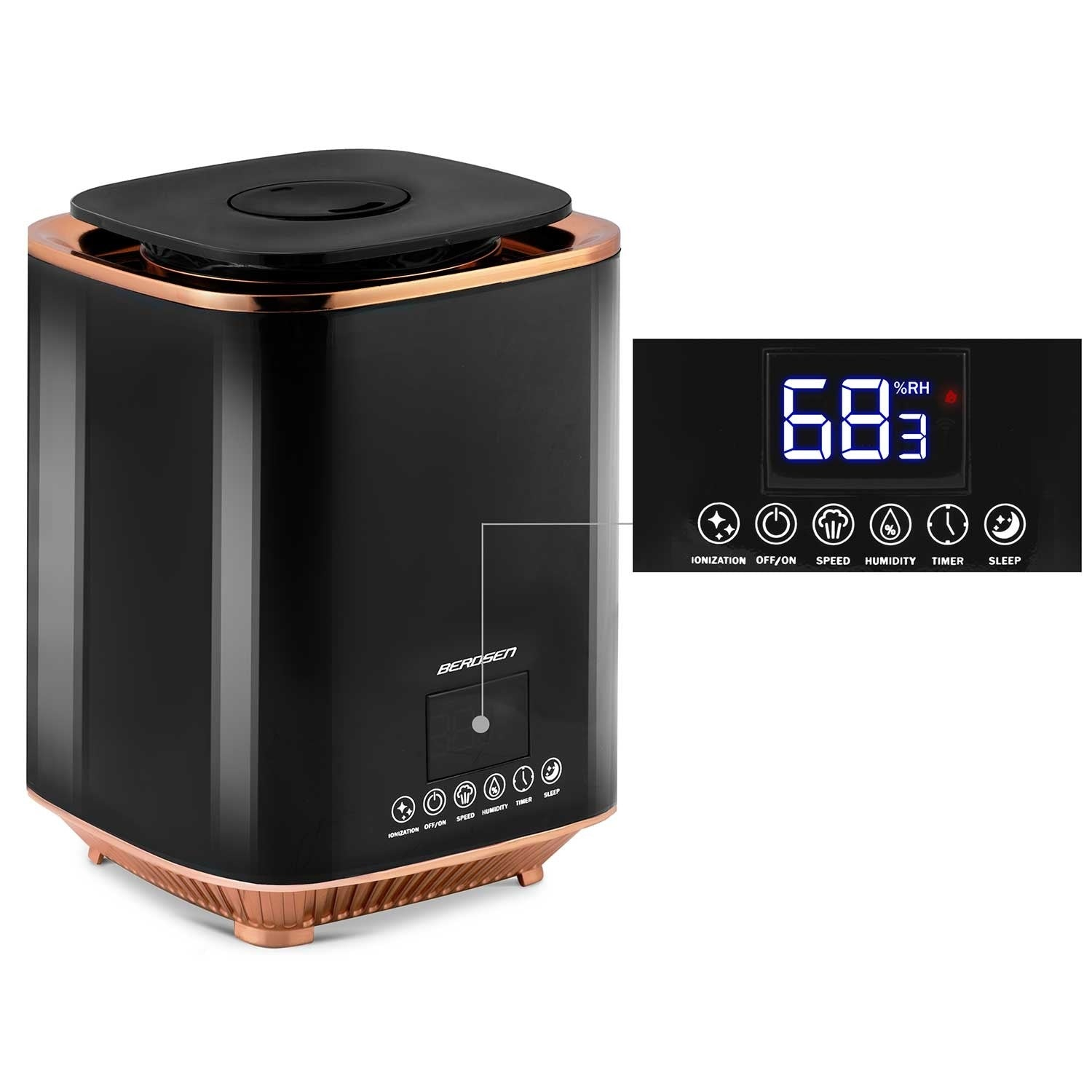 Humidificador negro con pantalla digital que muestra 68% de humedad. Tiene botones de control para ionización, velocidad, temporizador y modo de reposo.