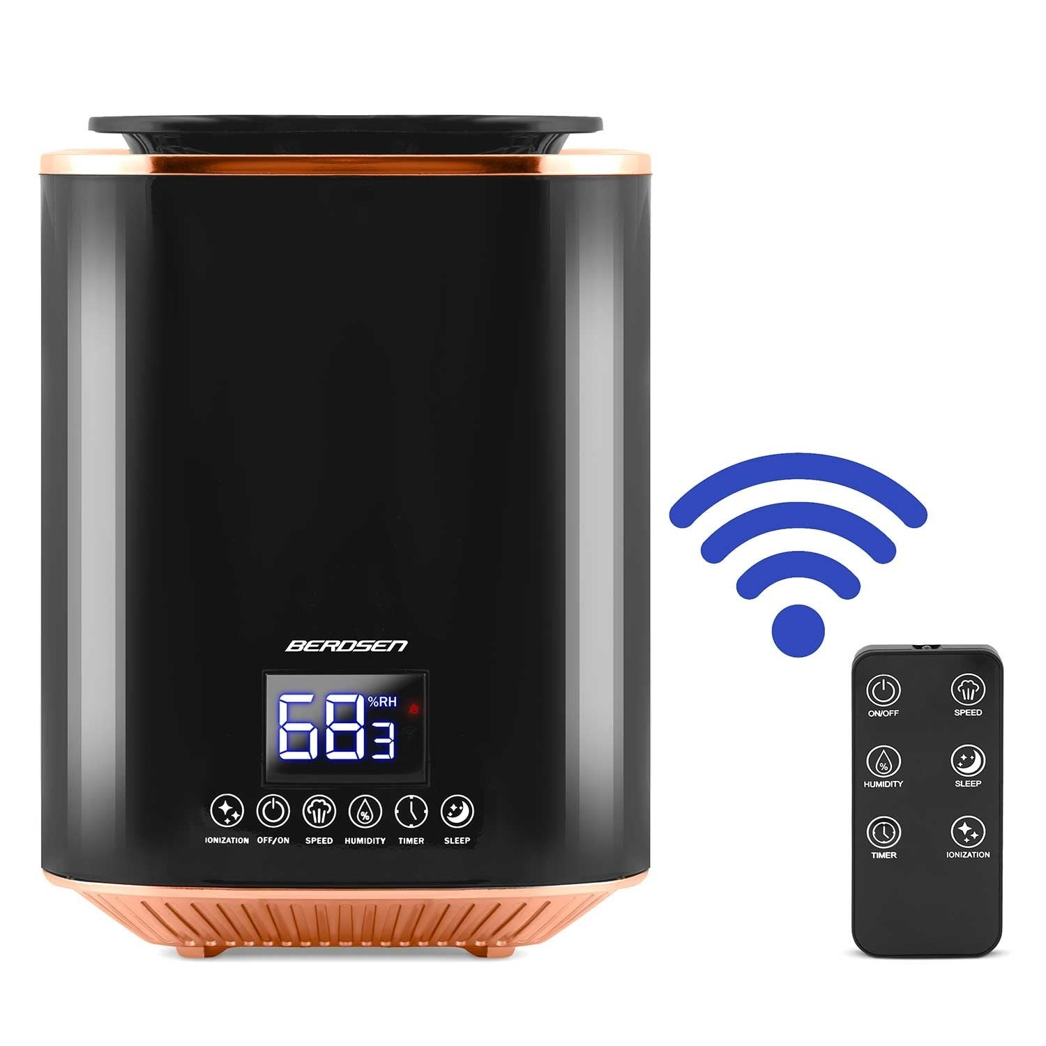 Un humidificador negro Berdsen con pantalla digital que muestra 68%HR. También son visibles un mando a distancia y un icono wifi.