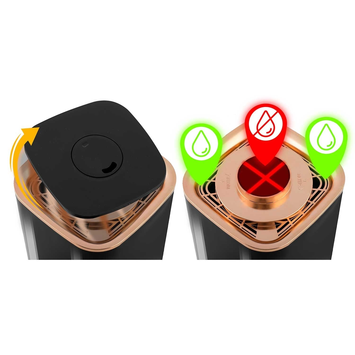 Humidificador negro y dorado. Iconos verdes de gotas de agua indican nivel de agua, icono rojo indica que no hay agua.