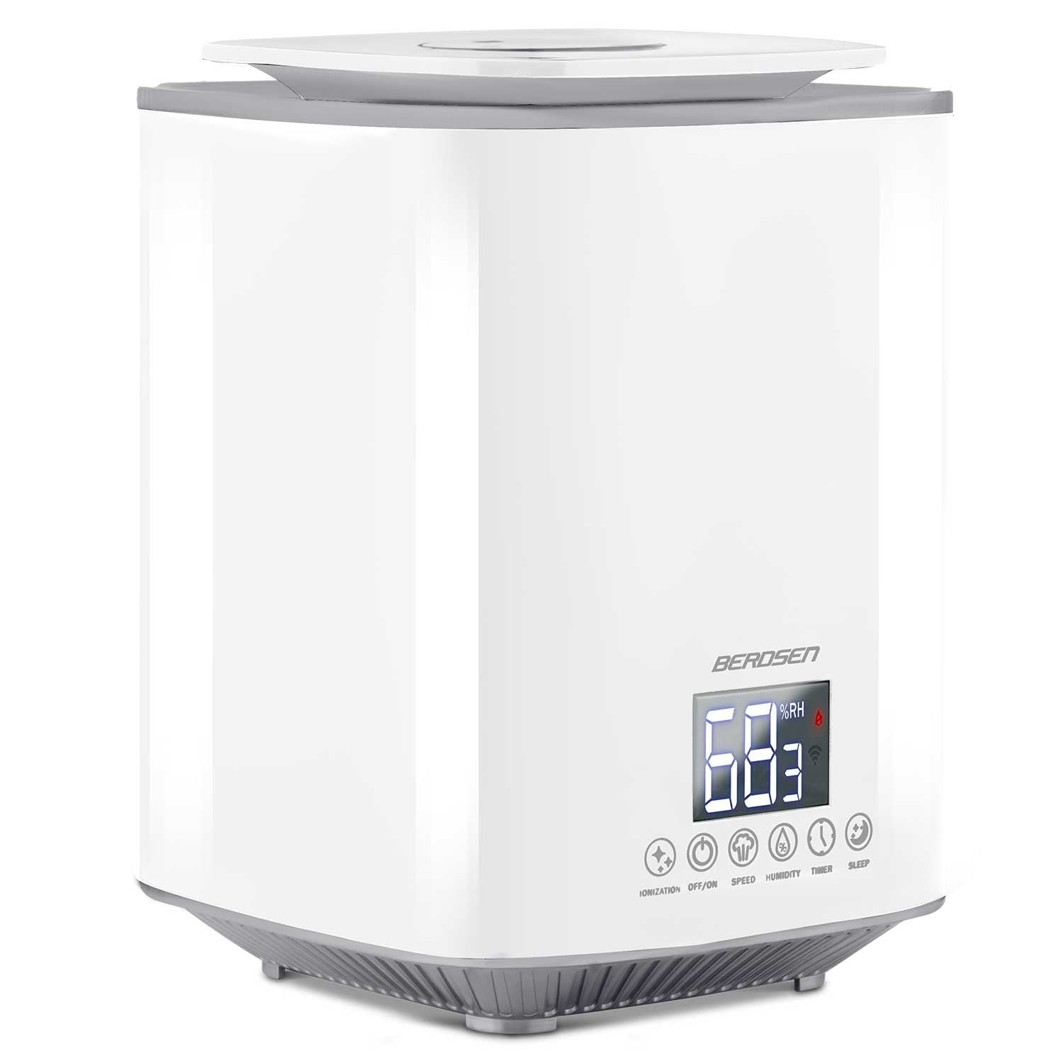 Un humidificador blanco con una pantalla digital que muestra el 68% de humedad. Tiene botones de control para ionización, velocidad y modo de suspensión.