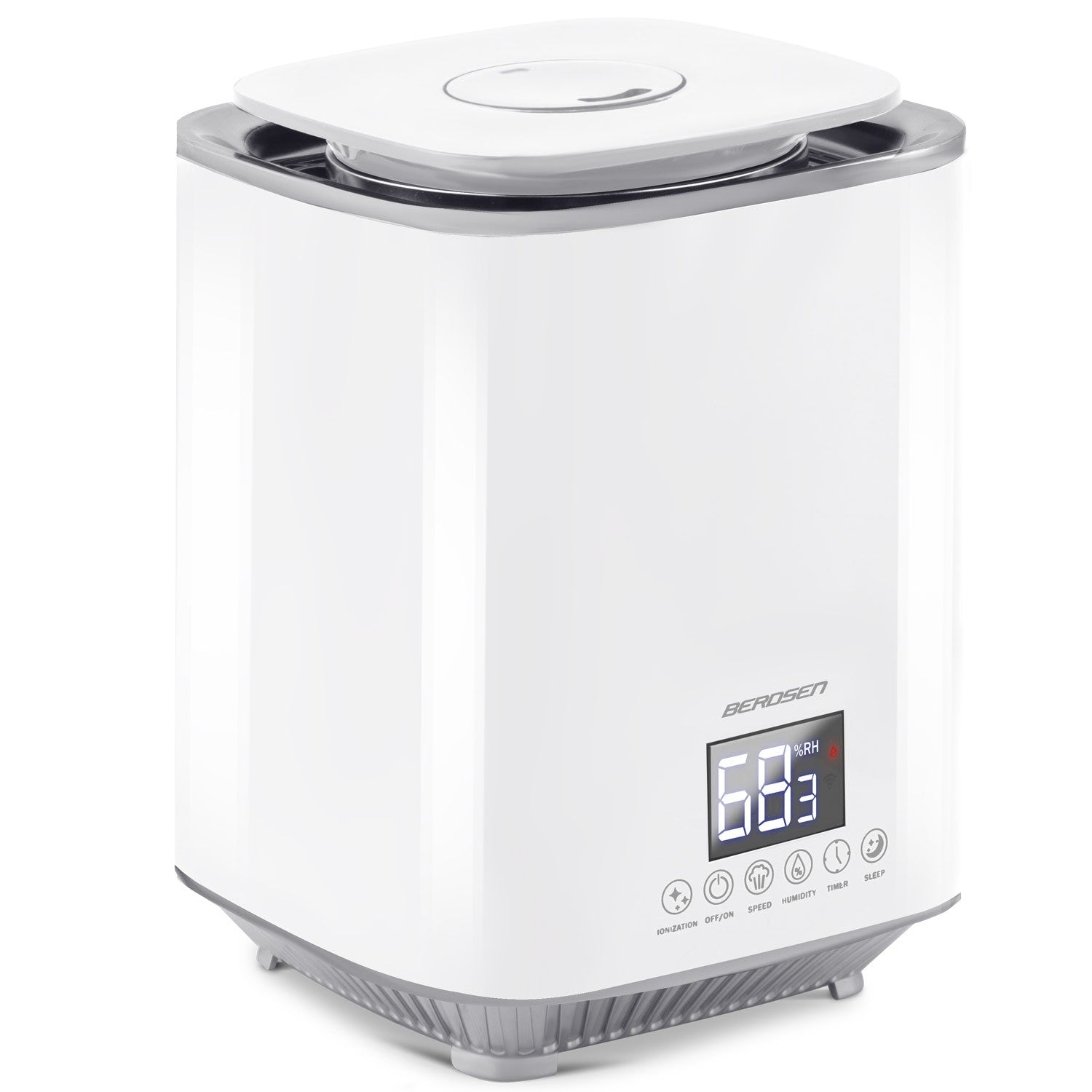 Un humidificador Berosen blanco. Tiene una pantalla digital que muestra 68,3% HR. Botones para ionización, encendido/apagado, velocidad, humedad, temporizador y reposo.