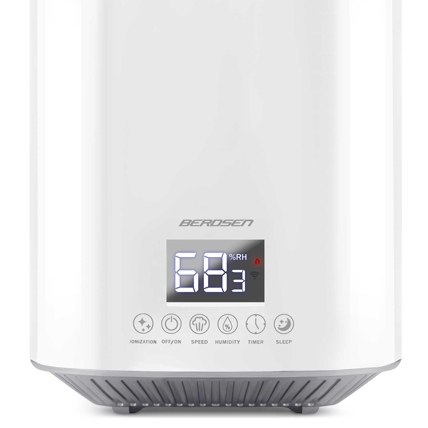 Purificador de aire blanco con pantalla digital que muestra 68% de humedad. Tiene botones de control para ionización, velocidad, temporizador y reposo.