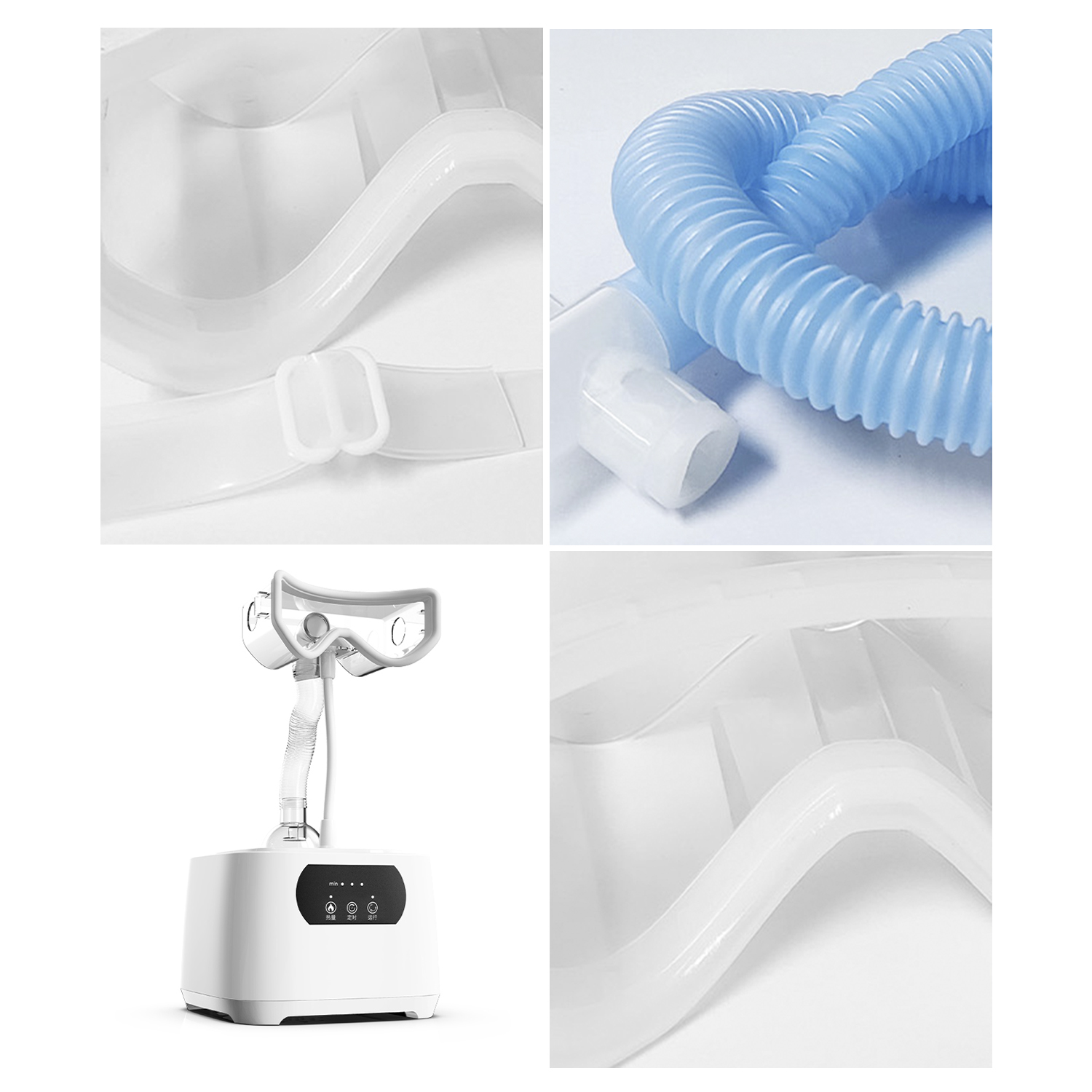 L'immagine mostra attrezzature mediche. Include una maschera bianca, un tubo blu e una macchina bianca con supporto per maschera e pulsanti di controllo.