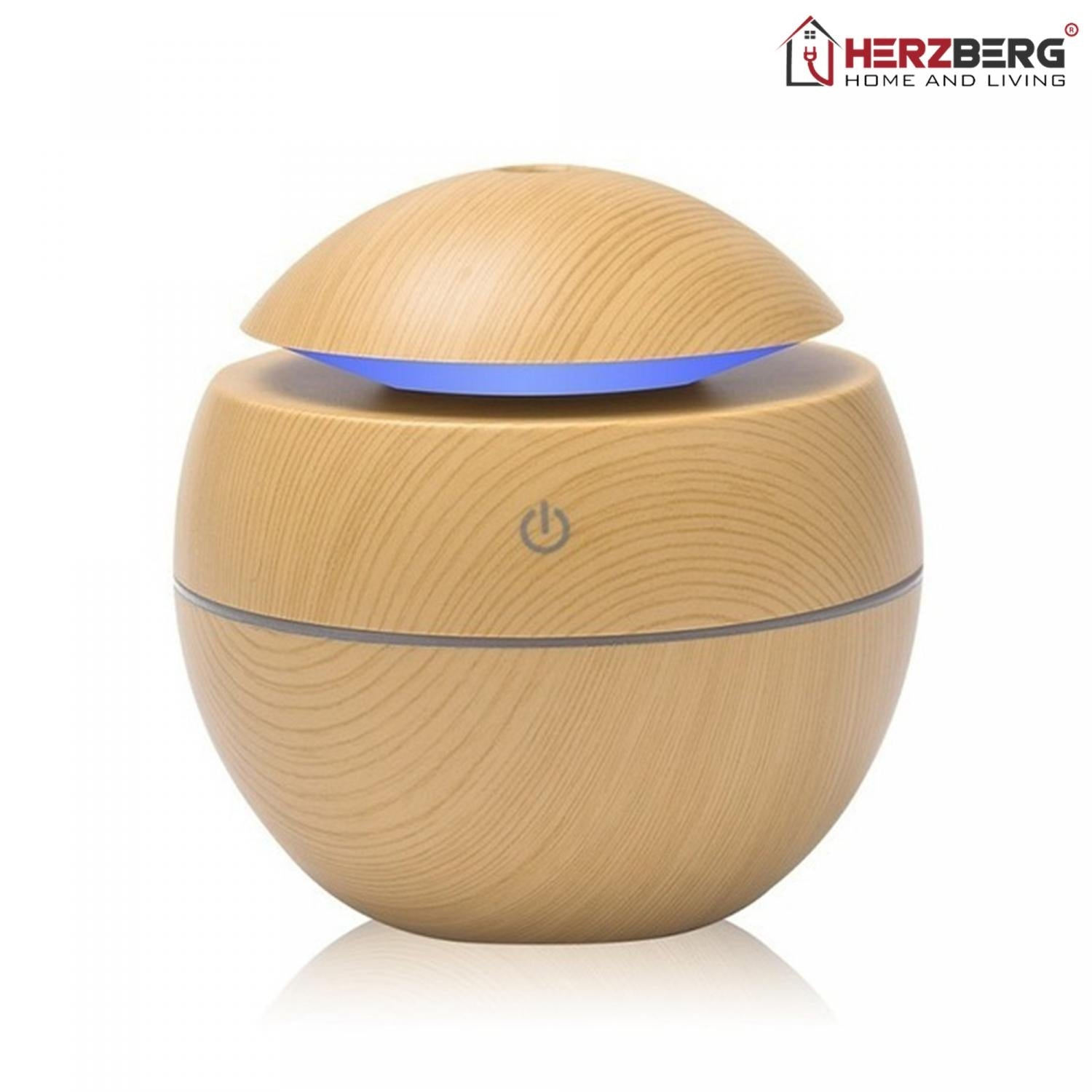 Un difusor de aroma de madera con luz azul. La parte superior está abierta. La marca está en la esquina superior derecha.