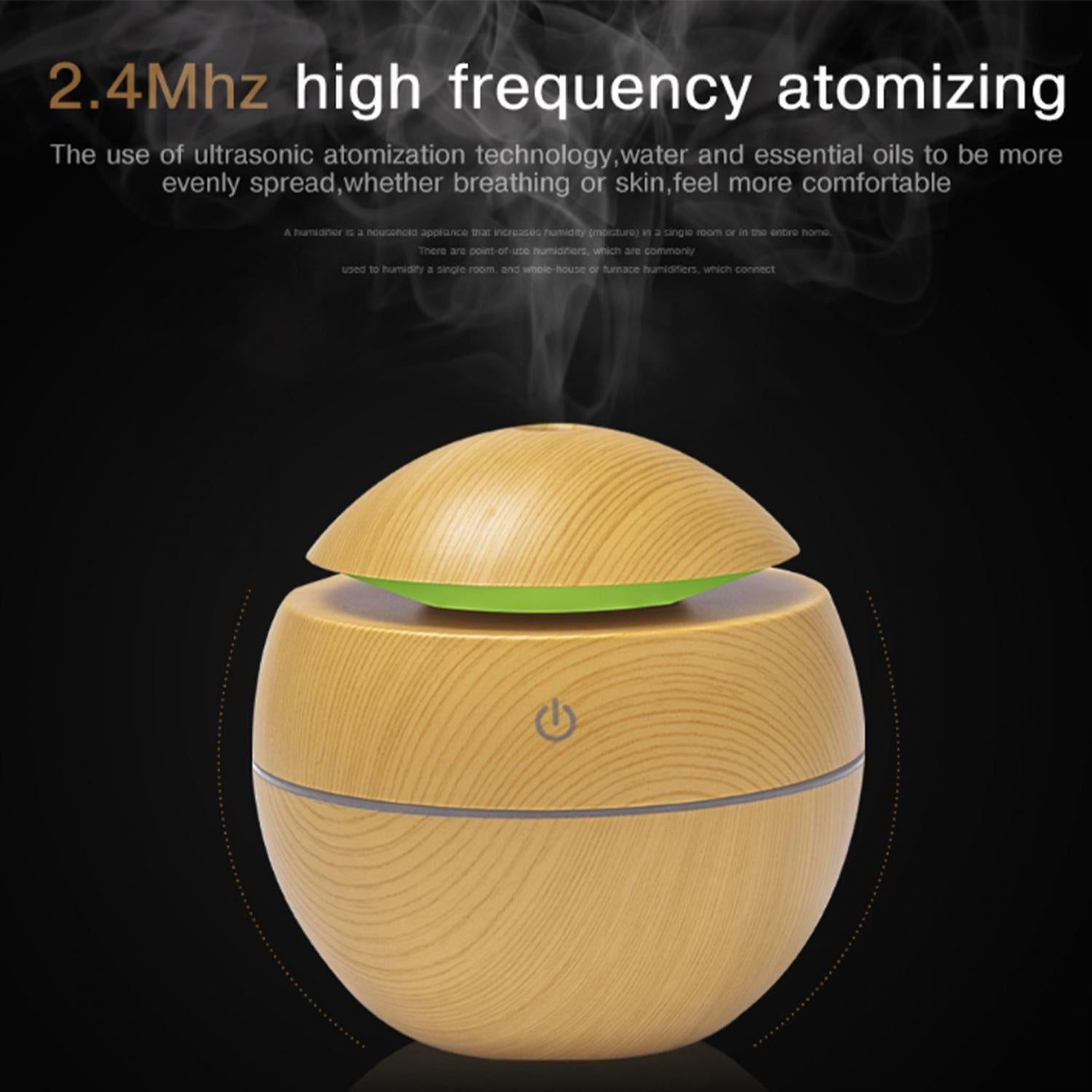 Un humidificador de madera con tapa verde. El texto superior dice '2.4Mhz atomización de alta frecuencia' y describe su uso.