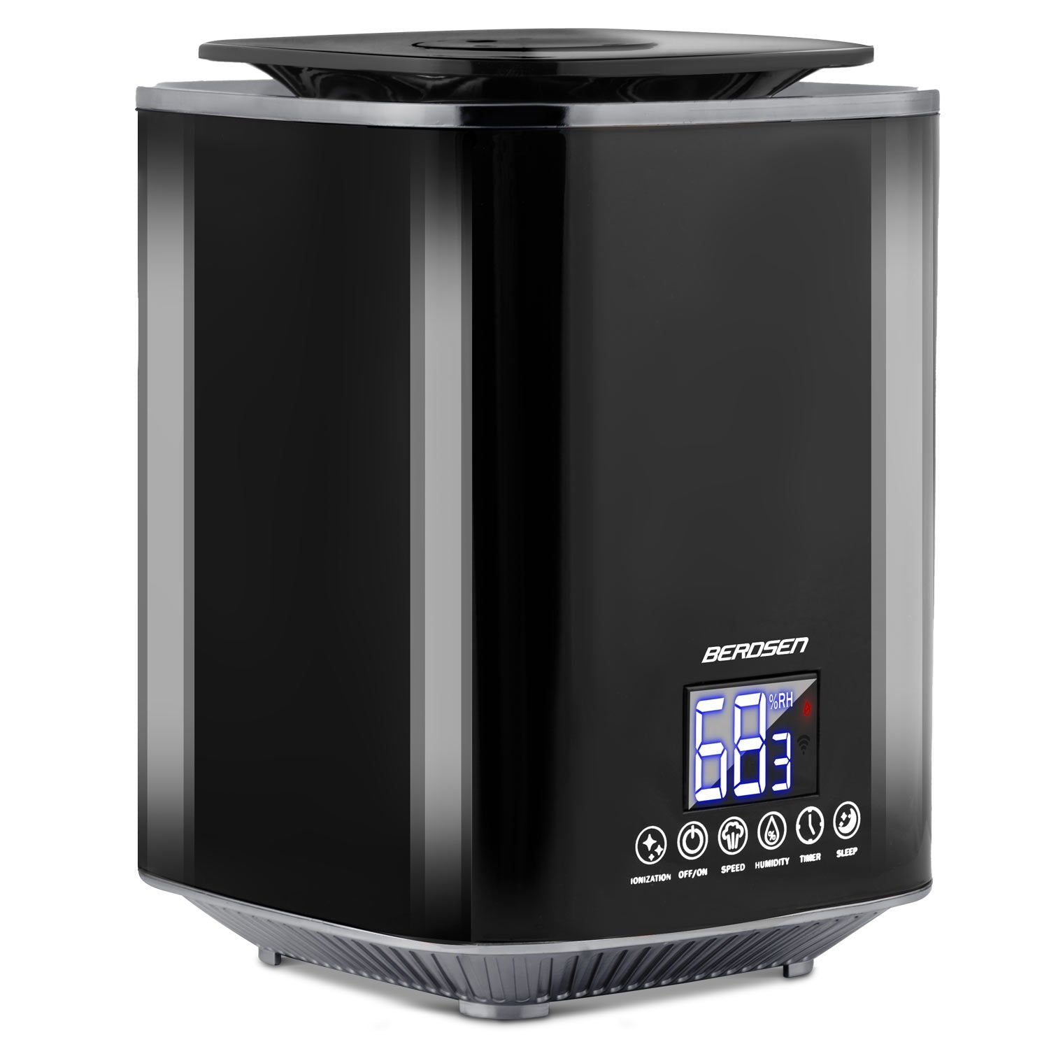Un humidificador negro Berosen con pantalla digital que muestra 68% de humedad. Tiene botones de control.