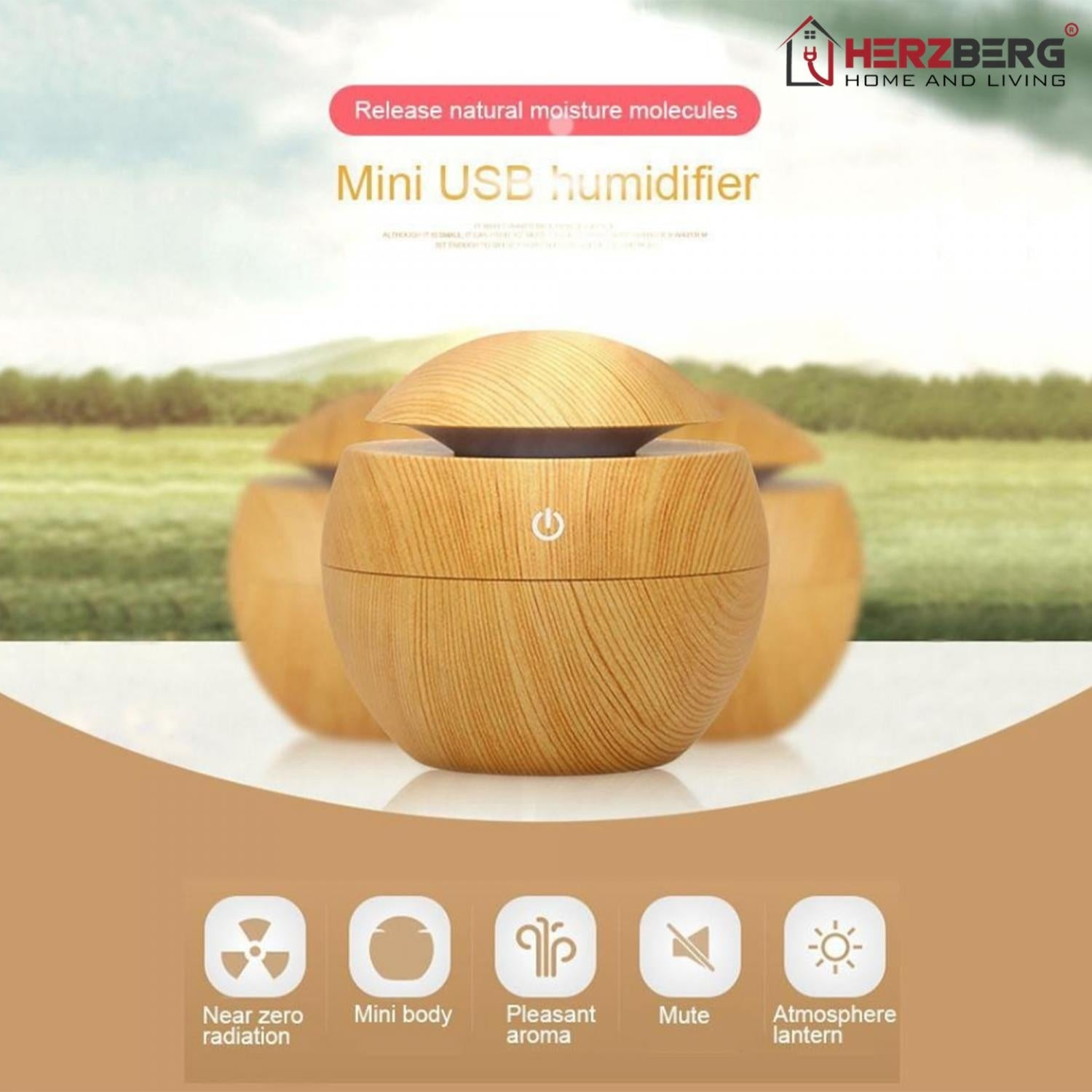Un mini humidificador USB de madera con botón de encendido. Libera moléculas naturales de humedad. Iconos de funciones en la parte inferior.