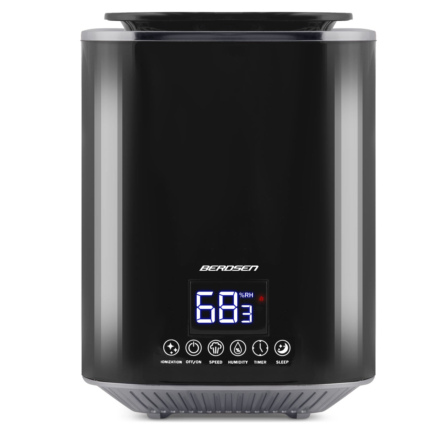 Un humidificador Berosen negro con una pantalla digital que muestra 68%HR. Tiene botones para ionización, velocidad, temporizador y reposo.