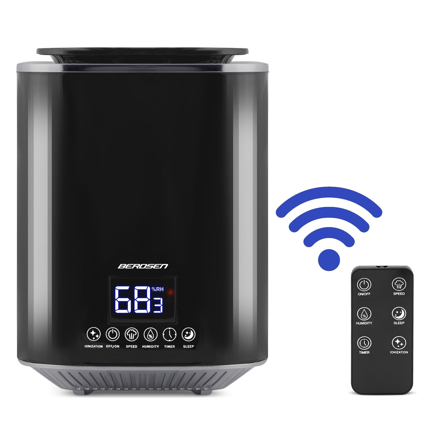 Humidificador negro con pantalla digital que muestra la humedad. Un mando a distancia está al lado. Símbolo inalámbrico encima.