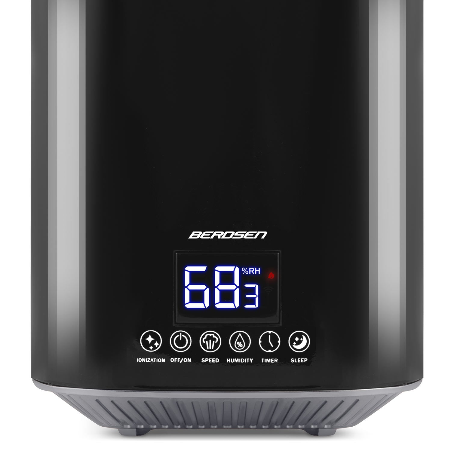 Un humidificador BERDSEN negro muestra 68% de humedad. Botones para ionización, encendido/apagado, velocidad, humedad, temporizador y reposo.