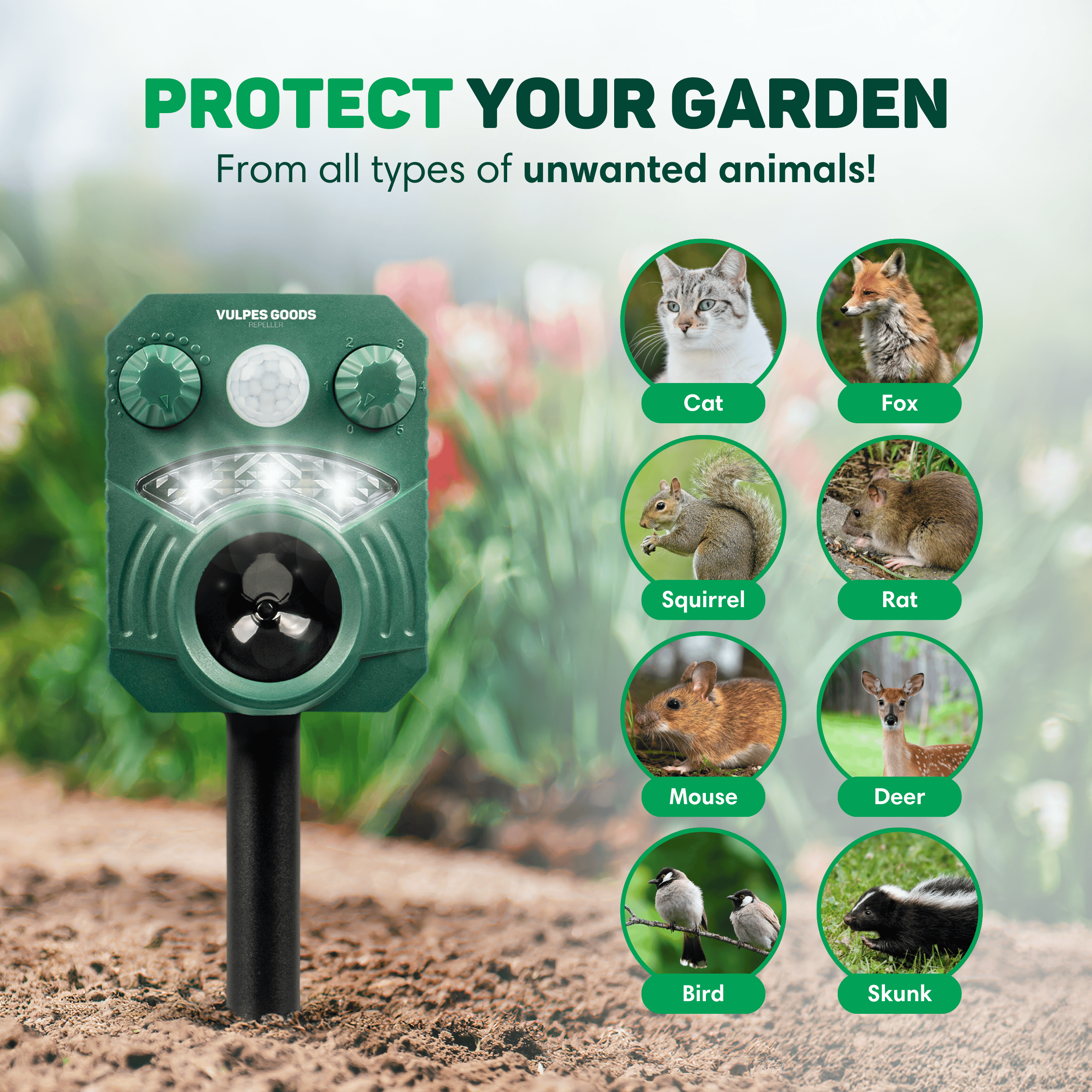 Grüner Schädlingsbekämpfer mit Tieren wie Katze, Fuchs, Eichhörnchen, Ratte, Maus, Hirsch, Vogel und Stinktier. Text: Schützen Sie Ihren Garten.