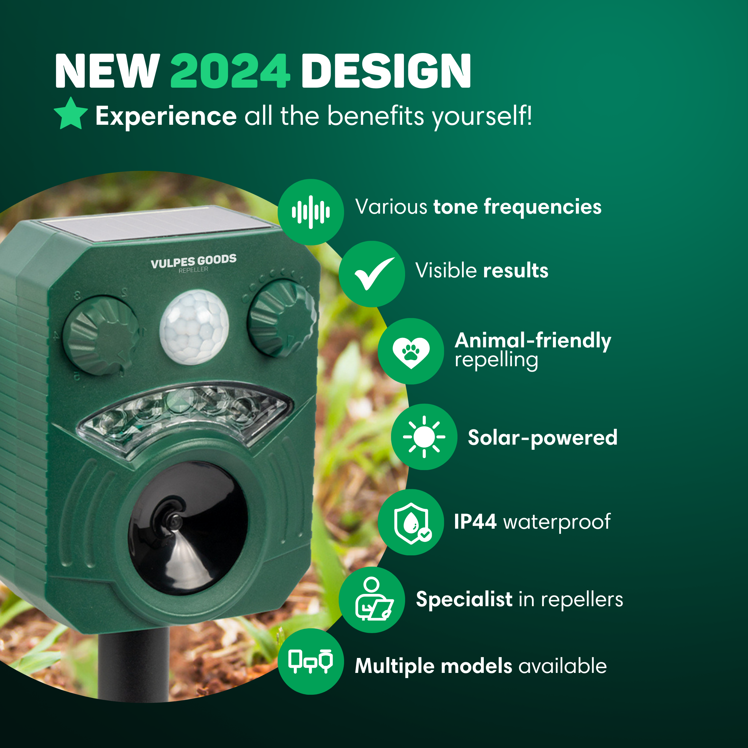 Grüner Schädlingsbekämpfer mit aufgelisteten Funktionen. Text enthält 'NEUES 2024 DESIGN' und Symbole für Funktionen wie Solarstrom und wasserdicht.