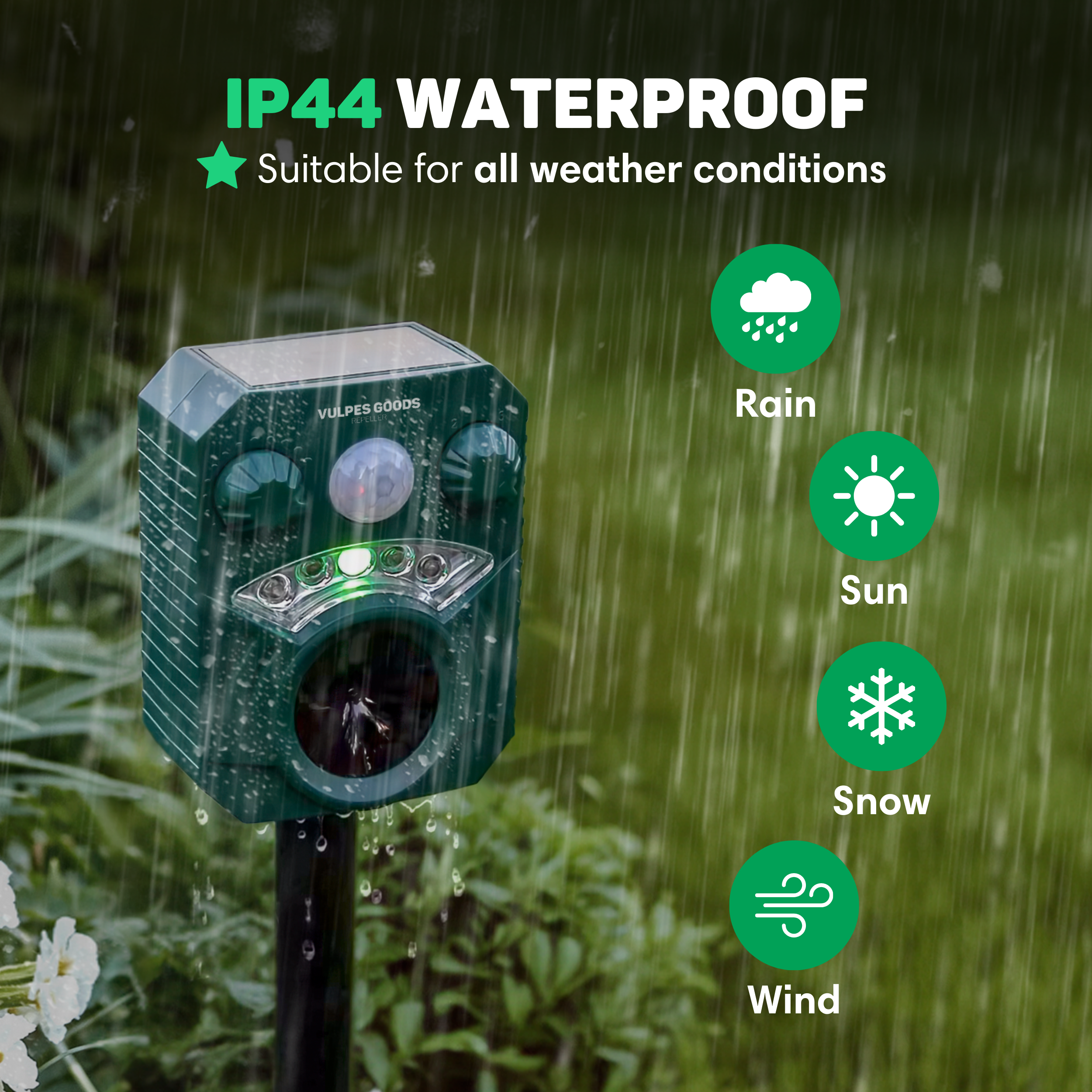 Ein grüner Schädlingsbekämpfer im Regen, mit Wettersymbolen: Regen, Sonne, Schnee, Wind. Text sagt wasserdicht.
