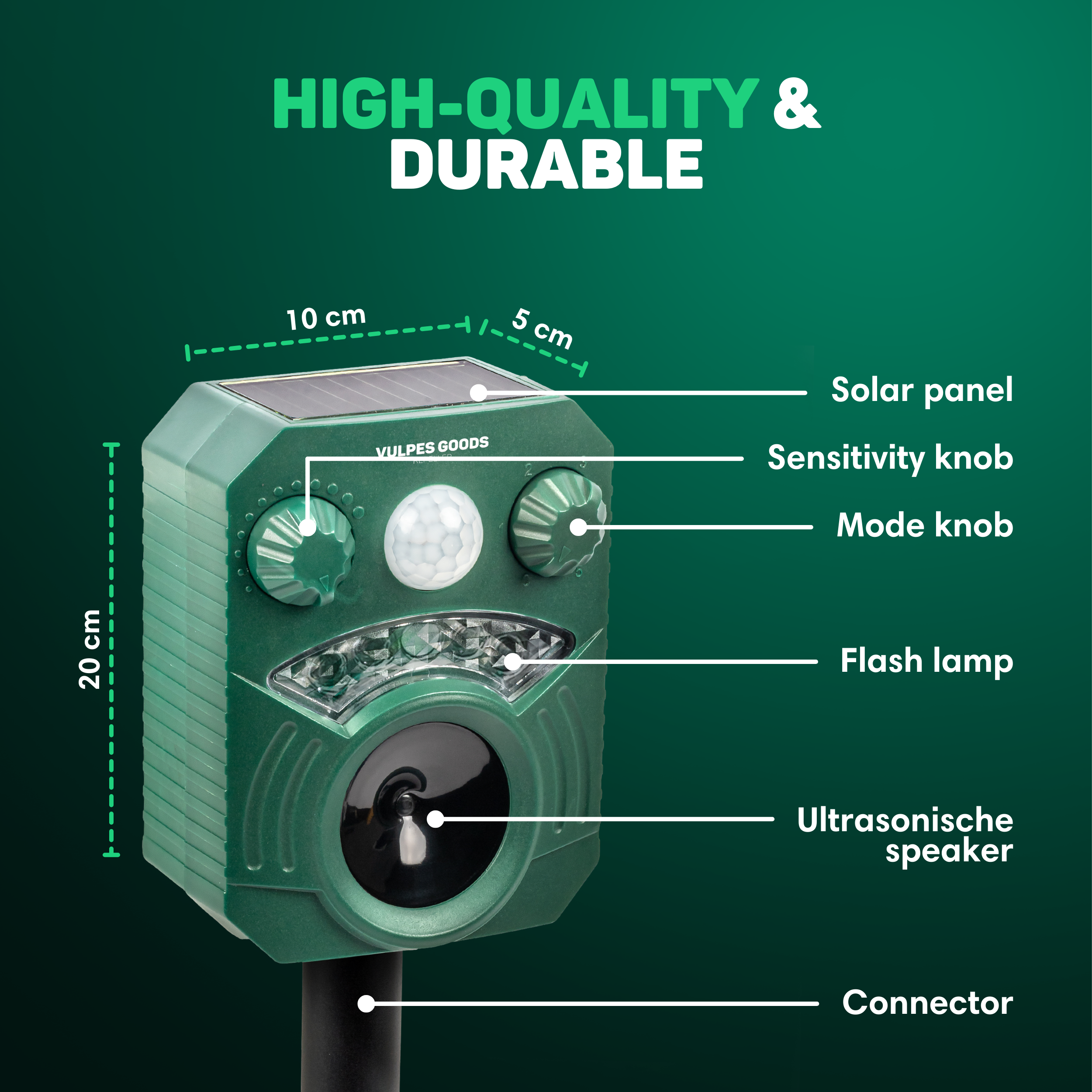 Grünes Schädlingsabwehrgerät mit Solarpanel, Knöpfen, Lautsprecher und Blitzlicht. Text: 'High-Quality & Durable'.