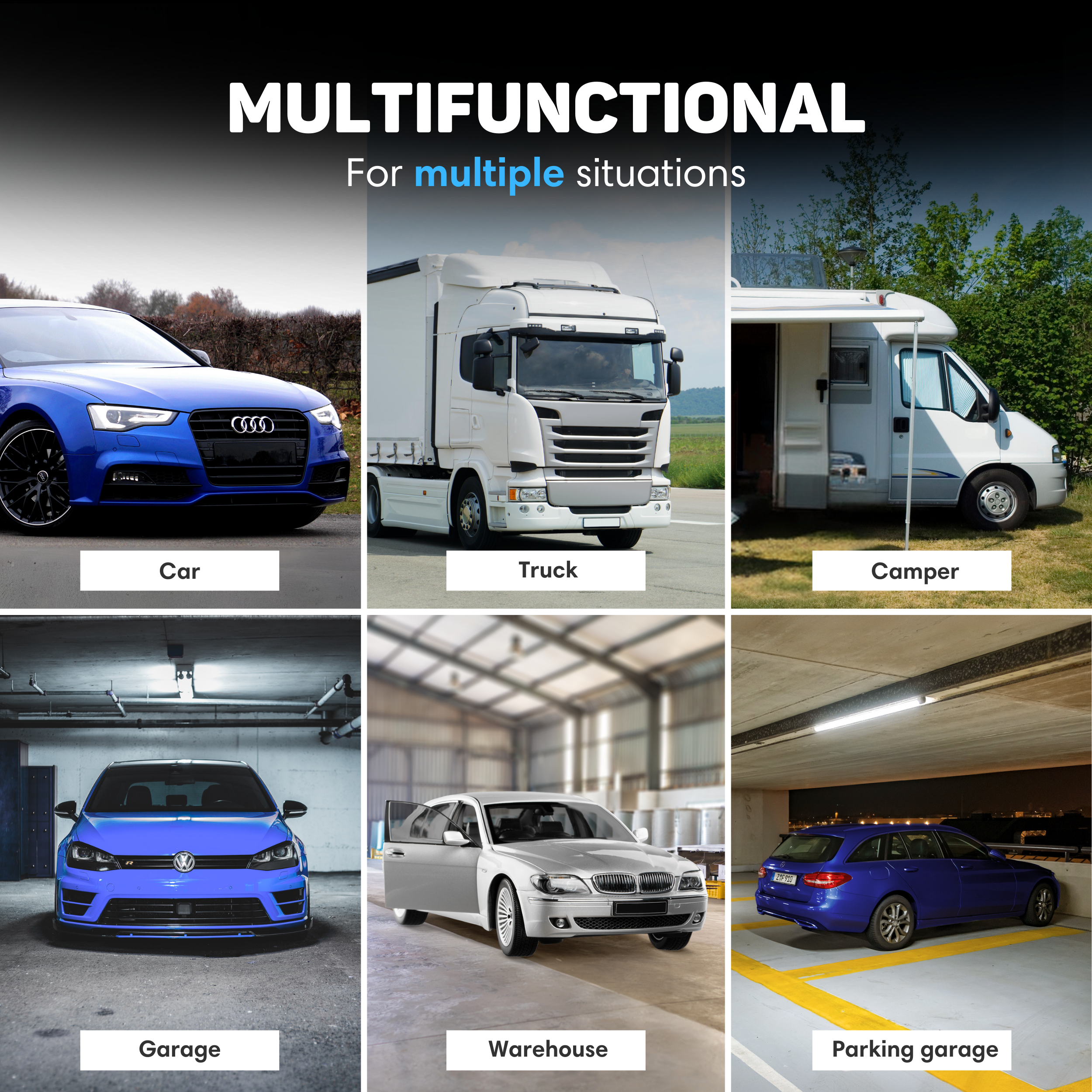Das Bild zeigt ein blaues Auto, einen LKW, einen Camper, ein blaues Auto in einer Garage, ein weißes Auto in einem Lager und ein blaues Auto in einer Parkgarage.