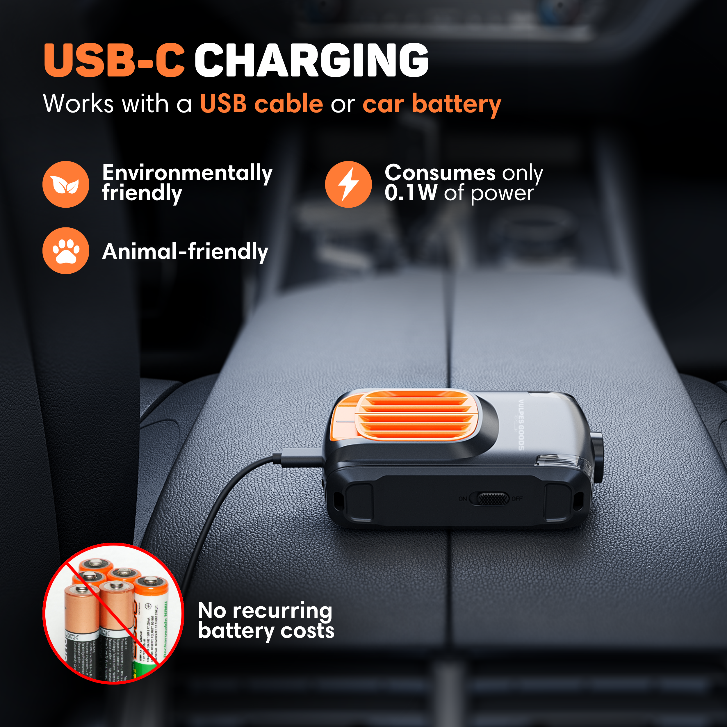 Schwarzes und oranges Gerät, das in einem Auto aufgeladen wird. Text erwähnt USB-C-Aufladung, umwelt-/tierfreundlich, keine Batteriekosten.