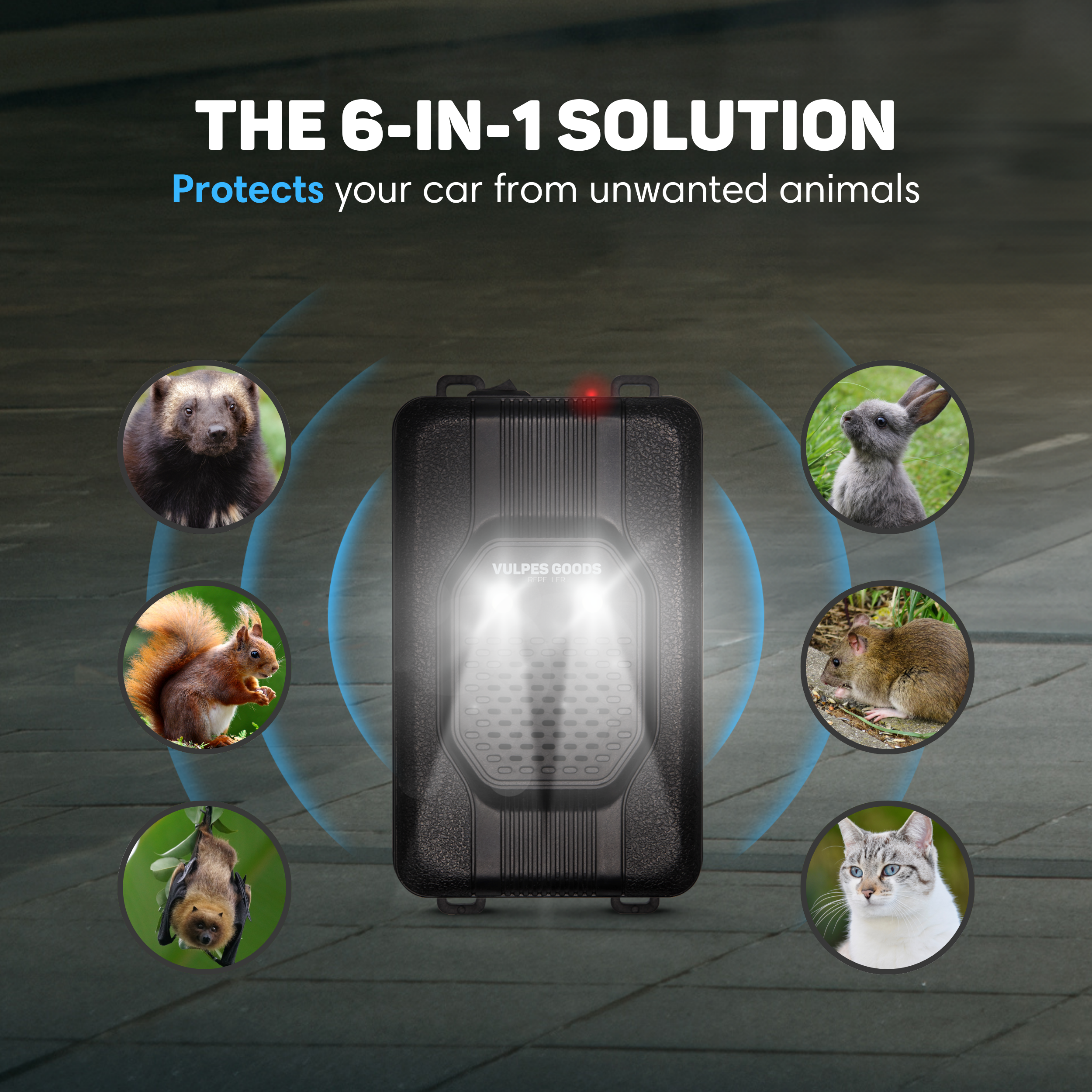 Das Bild zeigt ein schwarzes Gerät mit dem Text 'THE 6-IN-1 SOLUTION'. Tiere wie Vielfraß, Kaninchen, Eichhörnchen sind ebenfalls sichtbar.